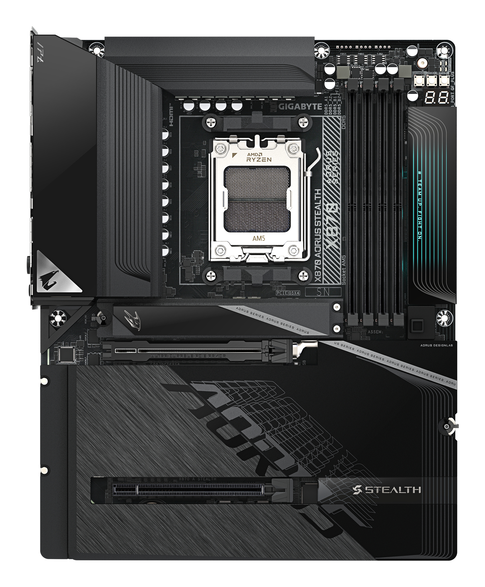 GIGABYTE X870 AORUS STEALTH Placa Base - Compatible con procesadores AMD Ryzen 9000, VRM digital de 16+2+2 fases, hasta 8200MHz DDR5 (O.C.), 2xPCIe 5.0 + 2xPCIe 4.0, Wi-Fi 7, LAN 5GbE, USB 4