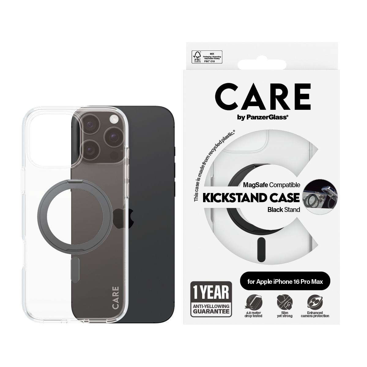 PanzerGlass CARE by � Case Transparent w. Black Kickstand & MagSafe iPhone 16 Pro Max coque de protection pour t�l�phones portables Housse Noir