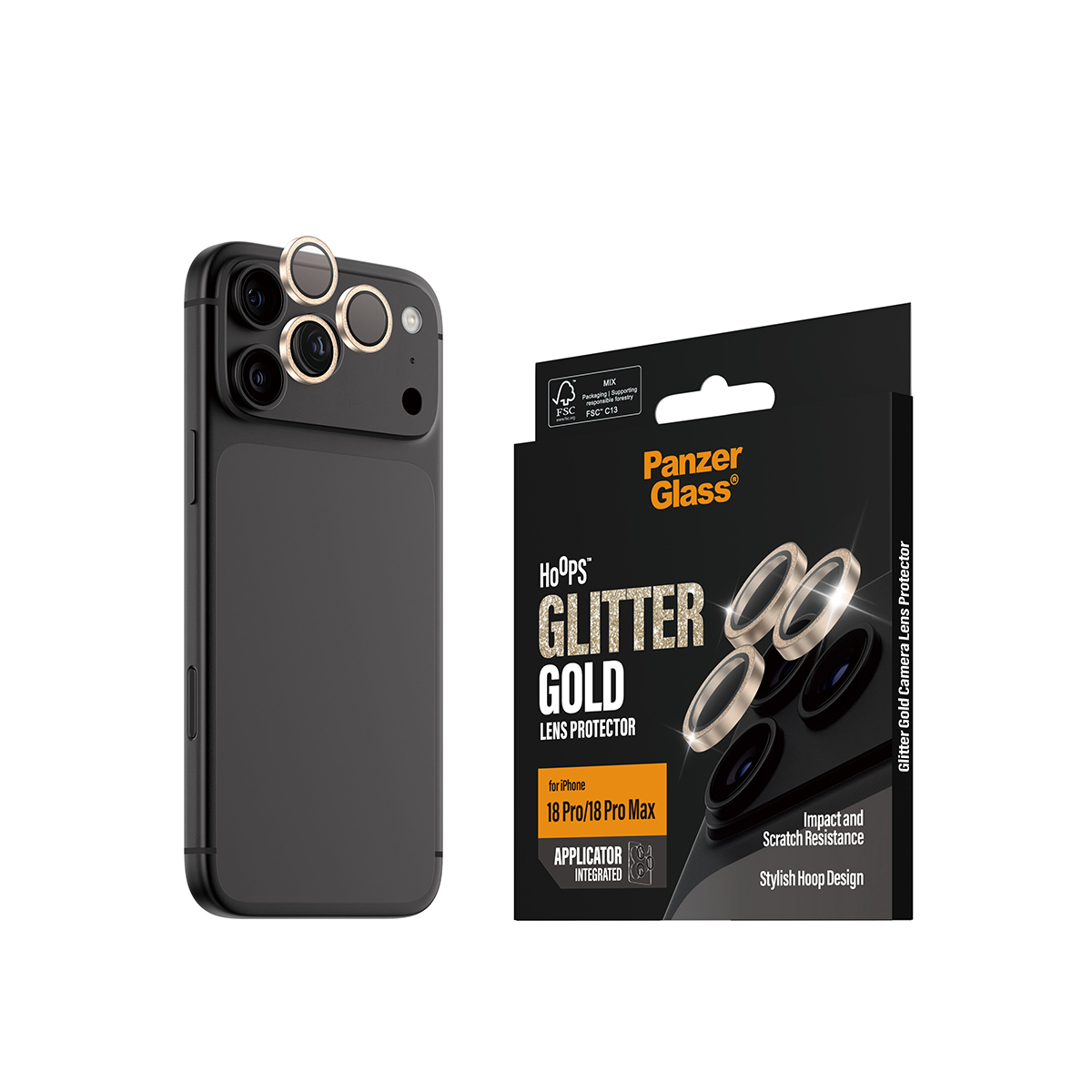 PanzerGlass � Hoops� Camera Lens Protector Glitter Gold iPhone 18 Pro | 18 Pro Max Protector de pantalla 1 pieza(s)
