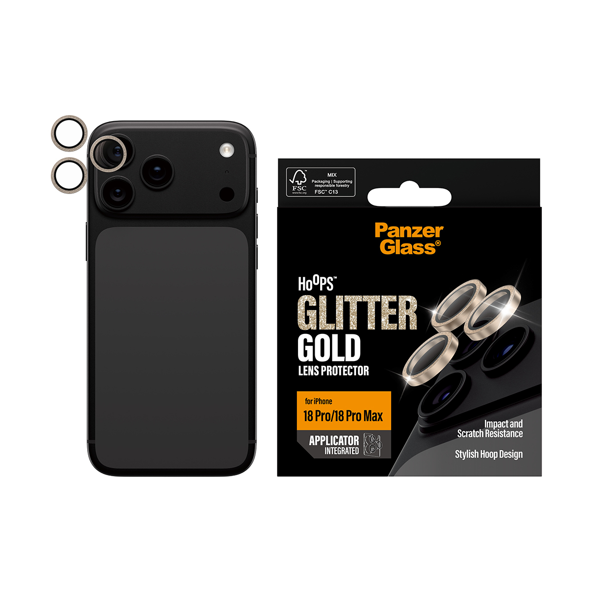 PanzerGlass � Hoops� Camera Lens Protector Glitter Gold iPhone 18 Pro | 18 Pro Max Protector de pantalla 1 pieza(s)
