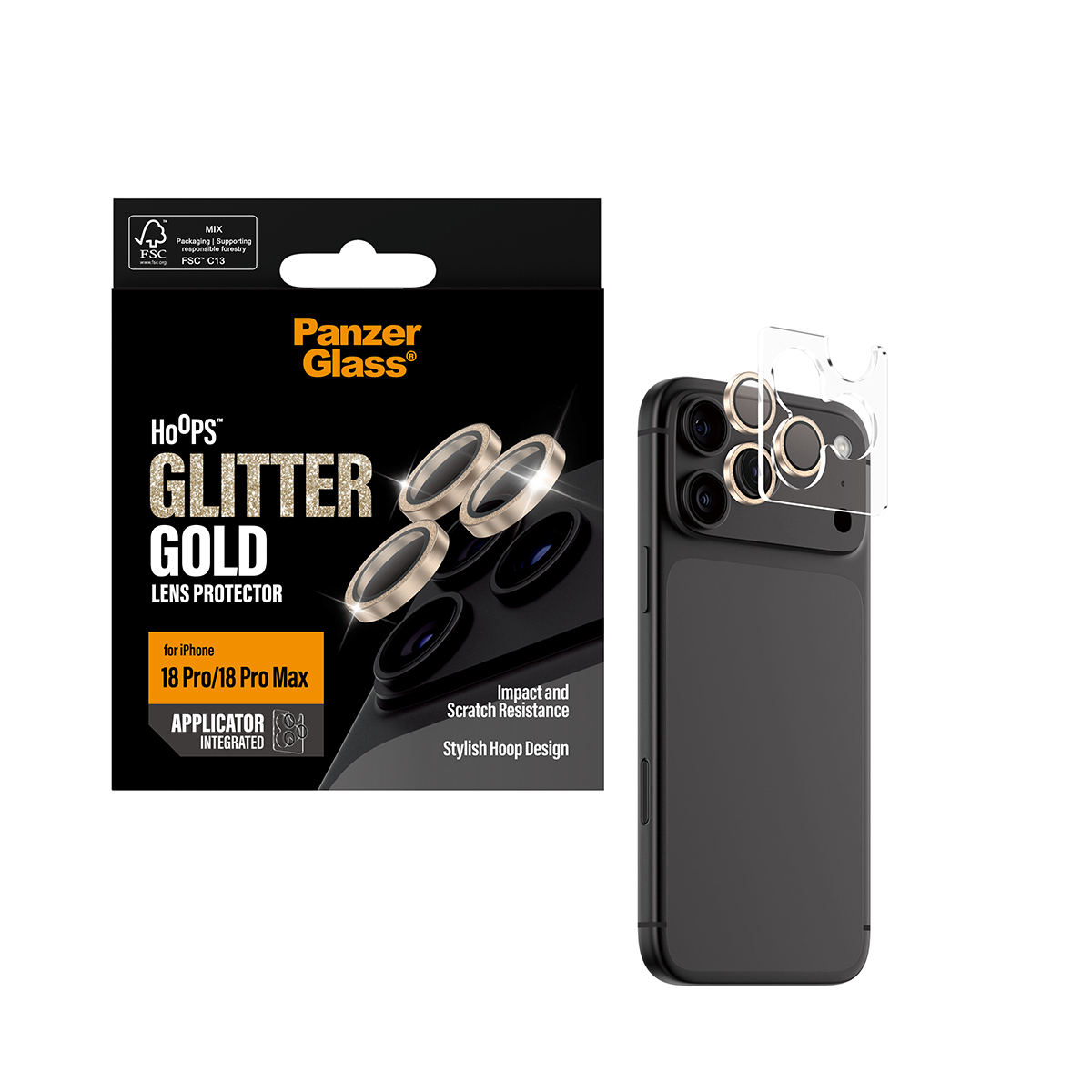 PanzerGlass � Hoops� Camera Lens Protector Glitter Gold iPhone 18 Pro | 18 Pro Max Protector de pantalla 1 pieza(s)