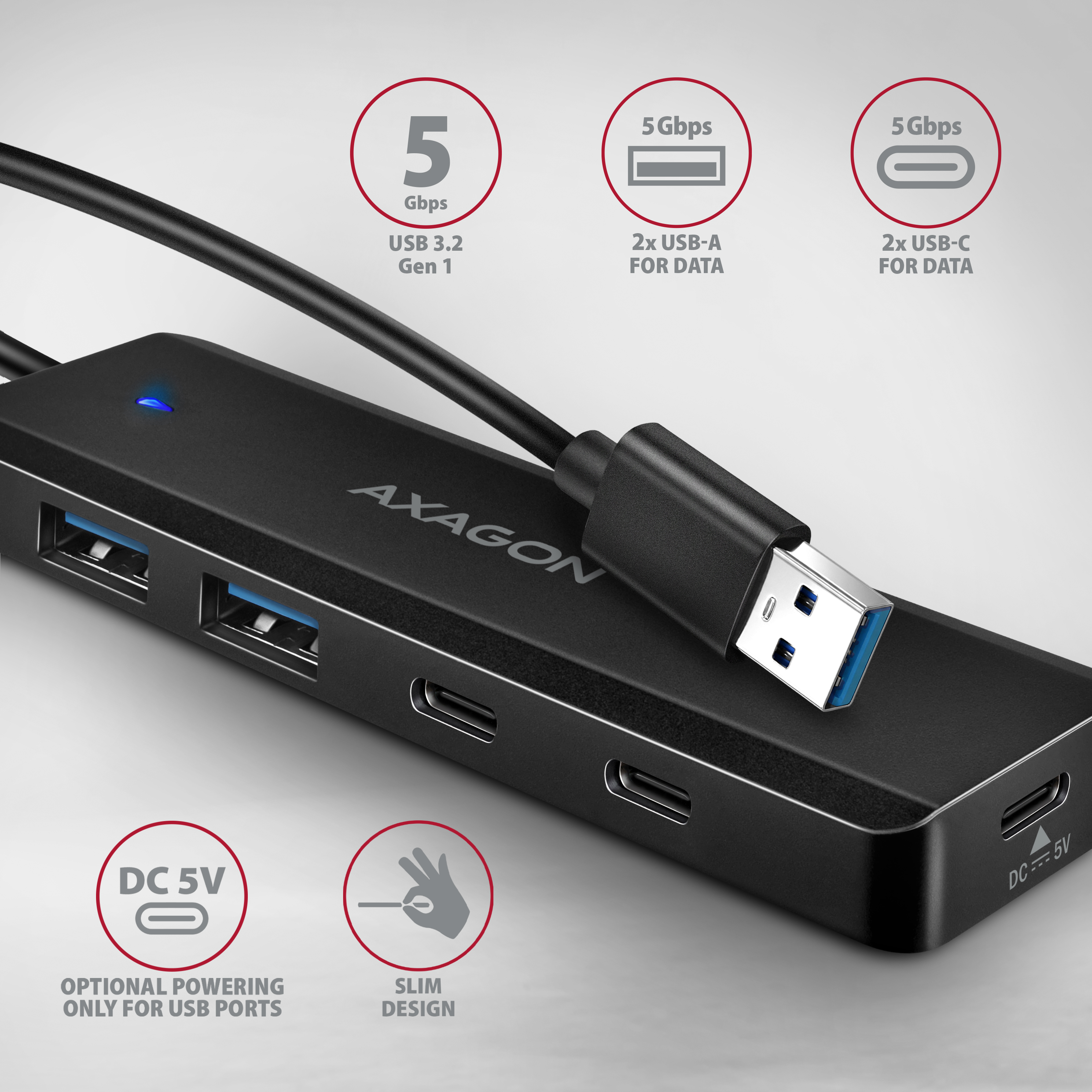 Axagon HUE-C2A 4� USB 5Gbps Hub, 2� USB-A & 2� USB-C, USB-C Power IN, 19cm USB-A Cable