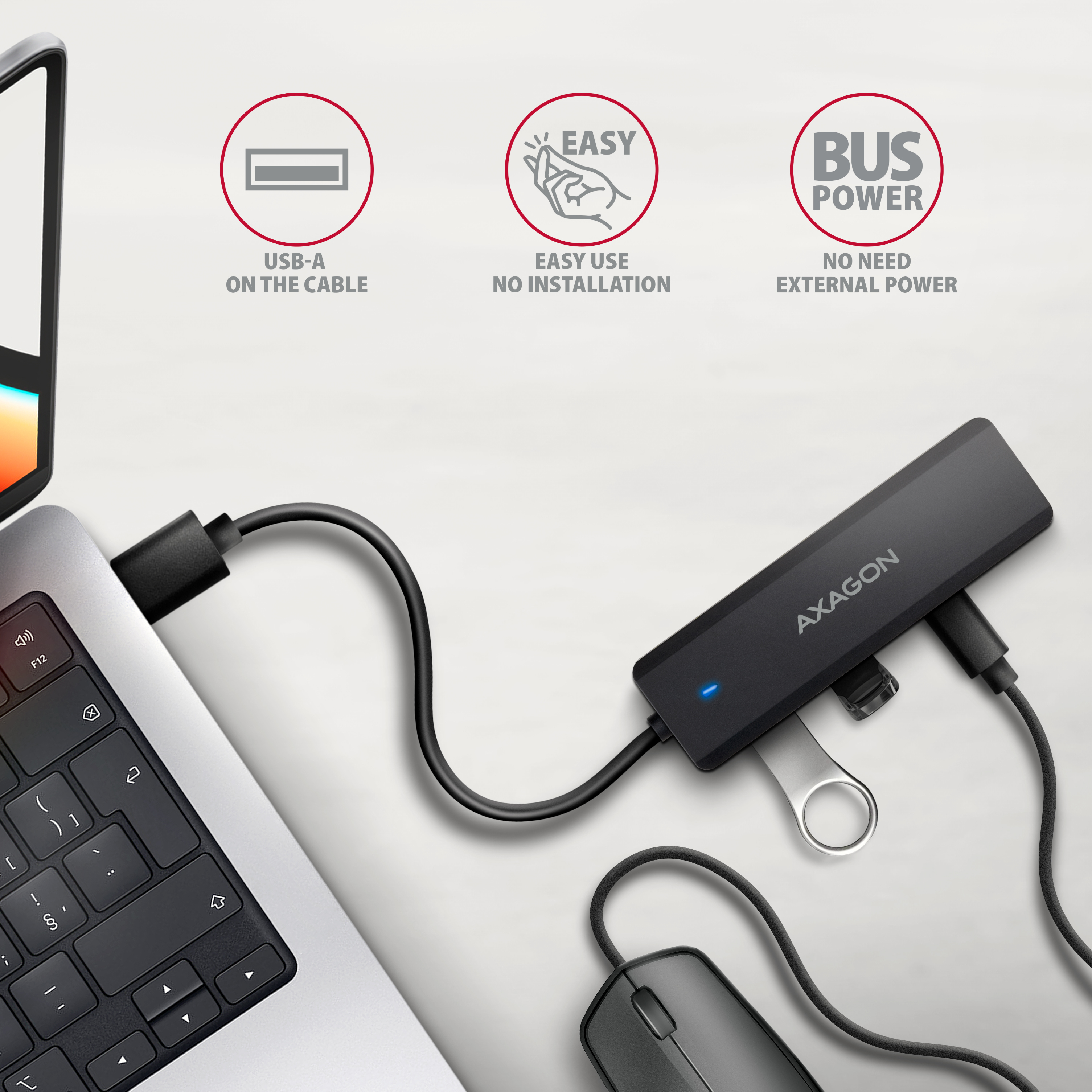 Axagon HUE-C2A 4� USB 5Gbps Hub, 2� USB-A & 2� USB-C, USB-C Power IN, 19cm USB-A Cable