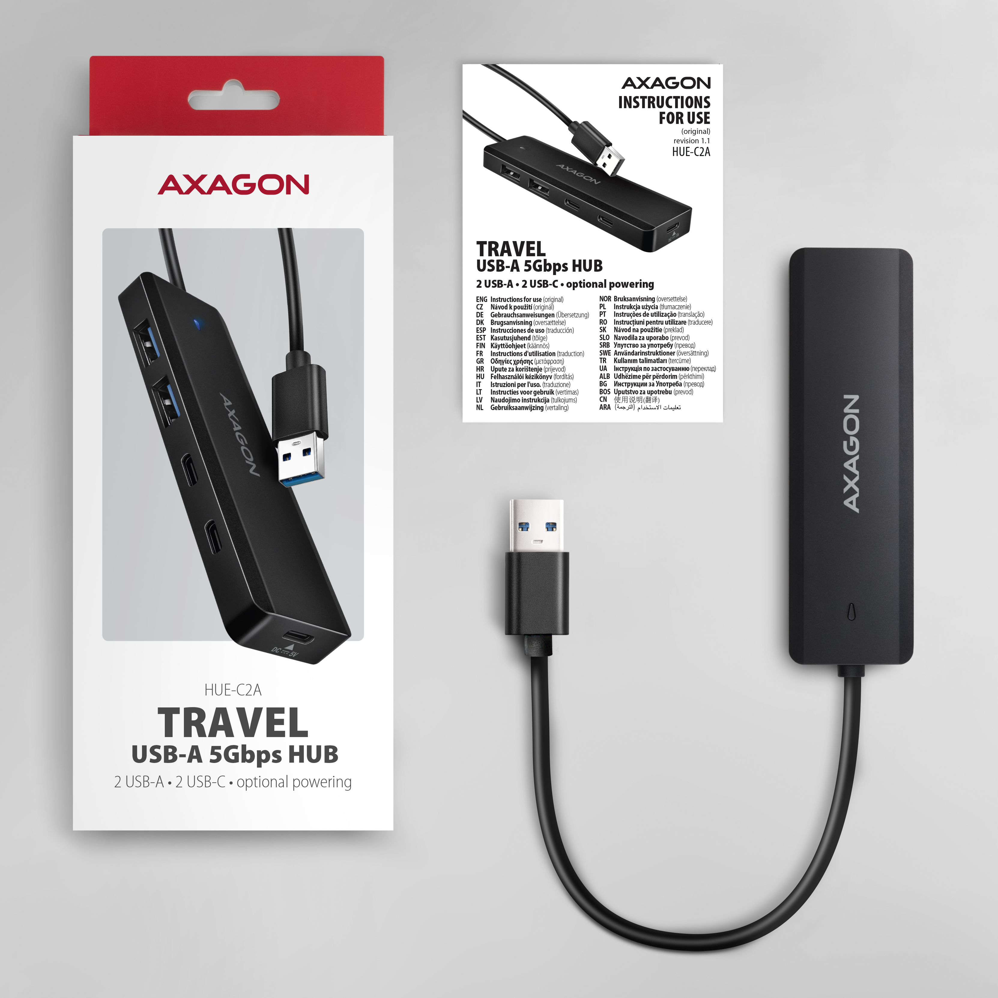 Axagon HUE-C2A 4� USB 5Gbps Hub, 2� USB-A & 2� USB-C, USB-C Power IN, 19cm USB-A Cable