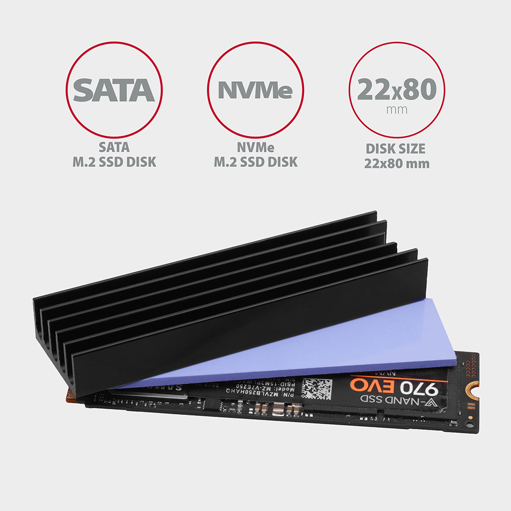 Axagon CLR-M2L10 syst�me de refroidissement d ordinateur M.2 NVMe SSD, Disque �lectronique Dissipateur thermique/Radiateur Noir 1 pi�ce(s)