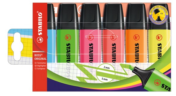 STABILO BOSS ORIGINAL - Textmarker - Blau fluoreszierend, fluoreszierend orange, fluoreszierend rot, fluoreszierend gelb, fluoreszierend gr�n, fluoreszierend rosa - wasserbasierte Tinte - 2-5 mm (Packung mit 6)