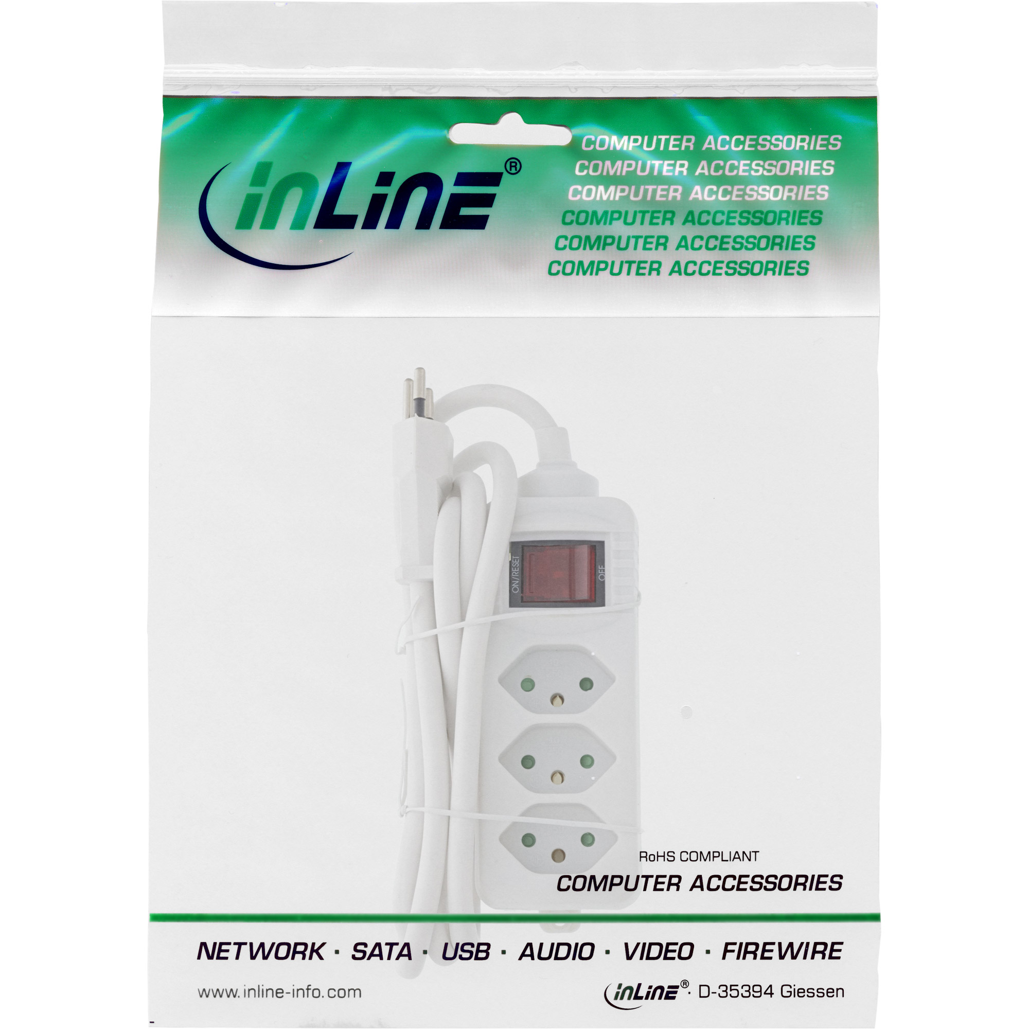 InLine Multipresa SVIZZERA, 3 vie, con interruttore, 1,5 m, bianca