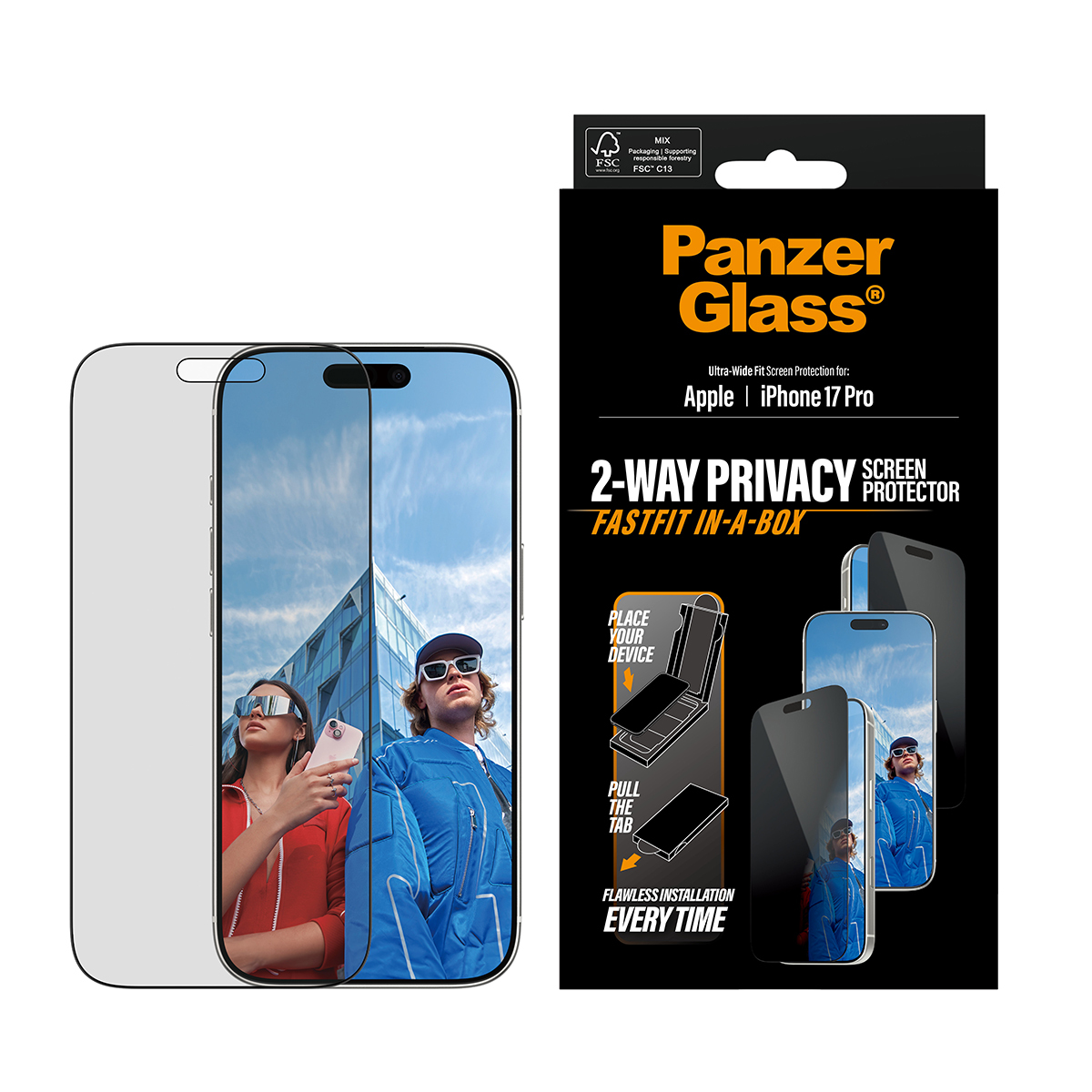 PanzerGlass Privacy Screen Protector w. black Frame iPhone 17 Pro Ultra-Wide Fit