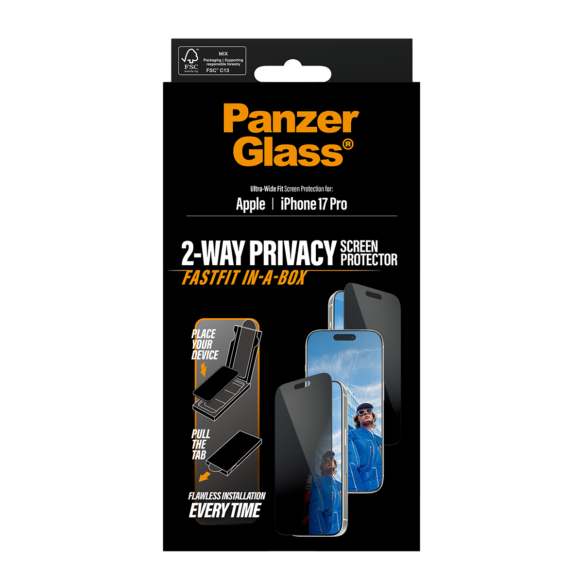 PanzerGlass Privacy Screen Protector w. black Frame iPhone 17 Pro Ultra-Wide Fit