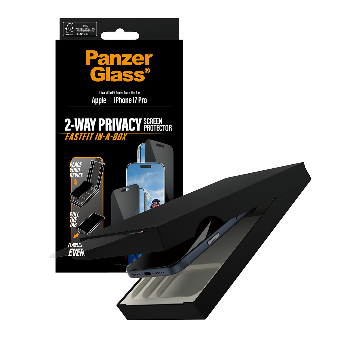 PanzerGlass Privacy Screen Protector w. black Frame iPhone 17 Pro Ultra-Wide Fit