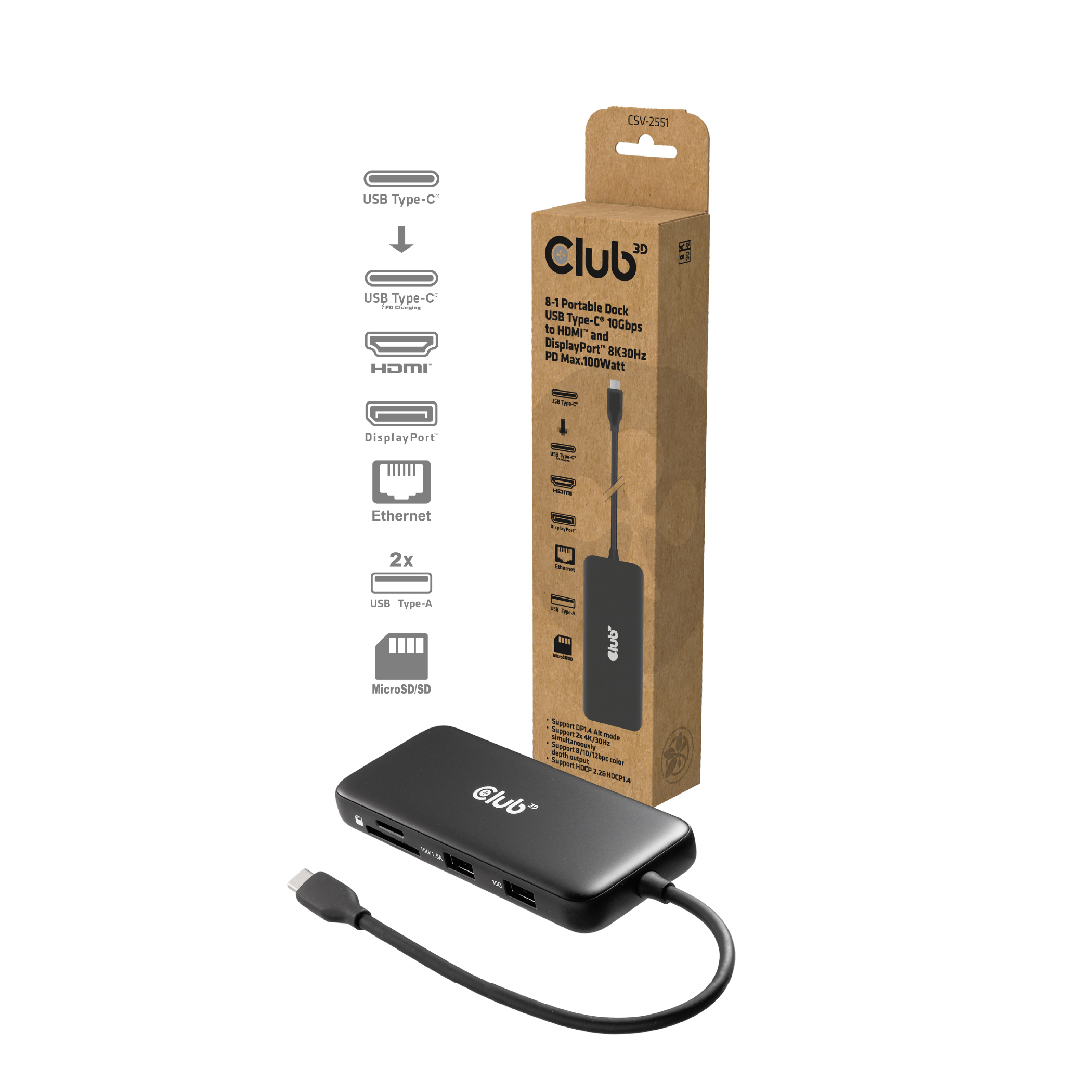 Club 3D 8-1 PORTABLE DOCK USB TYPE-C R 10GBPS TO HDMI#AND DisplayPort# 8K30Hz PD MAX - Kabel - Digital/Daten