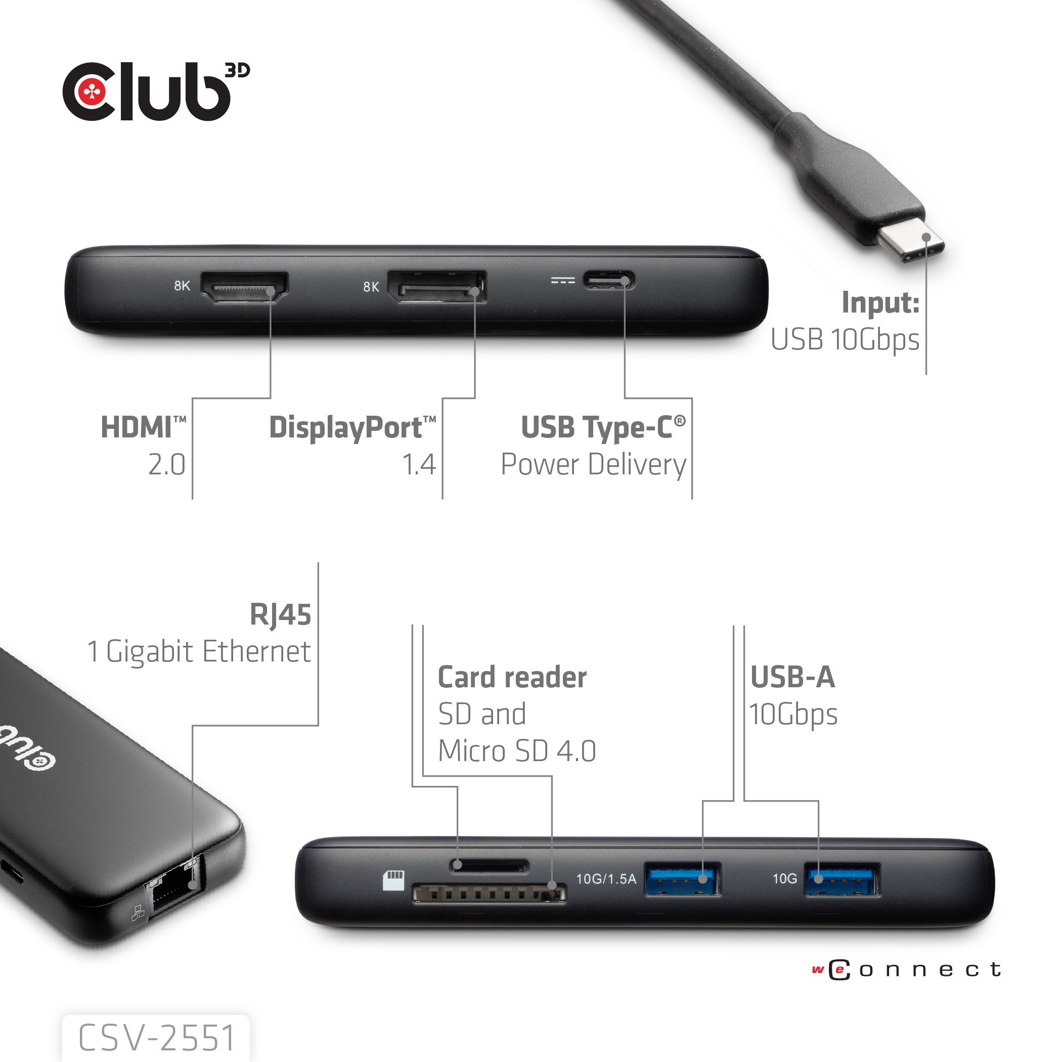 Club 3D 8-1 PORTABLE DOCK USB TYPE-C R 10GBPS TO HDMI#AND DisplayPort# 8K30Hz PD MAX - Kabel - Digital/Daten