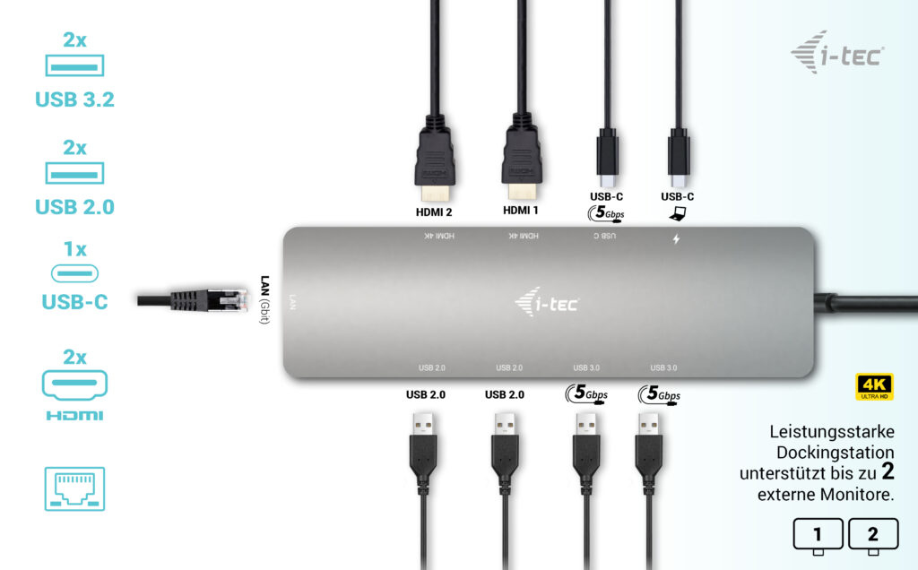 i-tec Metal USB-C Nano 2x Display Docking Station with PD 100 W + Charger 100W