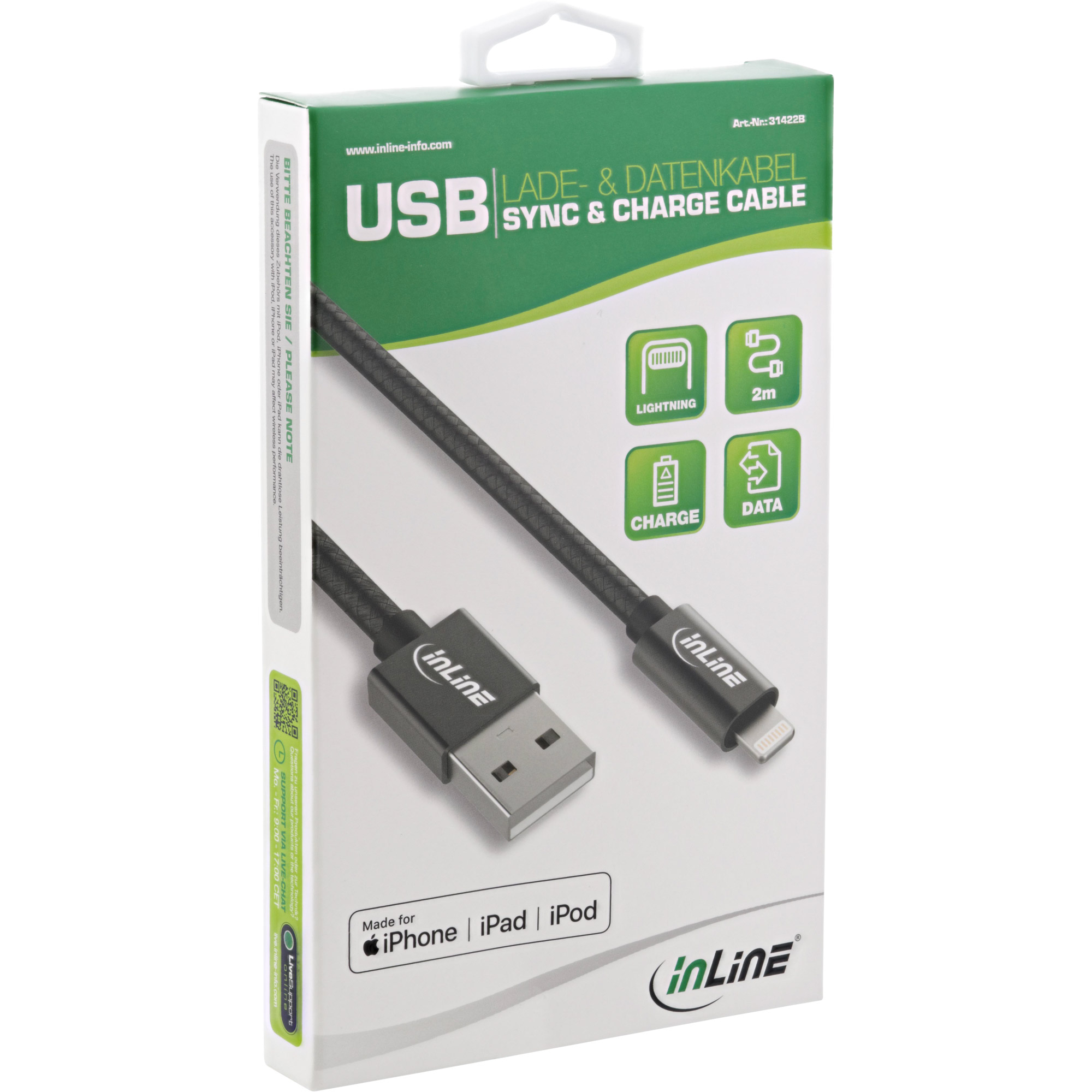 InLine 31422B cable de conector Lightning 2 m Negro