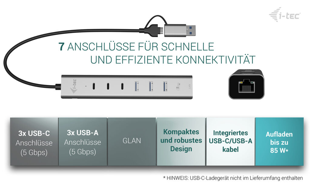 i-tec USB-C/USB-A Metal HUB 6 port (3x USB-C, 3x USB-A), LAN, Power Delivery 85W