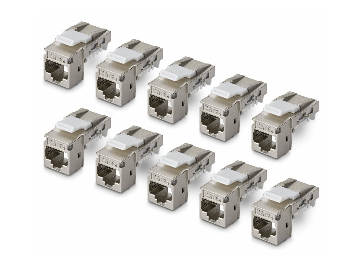 StarTech.com Shielded Cat6a Keystone Jack, 10-Pack RJ45 Ethernet Keystone Jacks, STP Cat6a Wall Jack, 90-Degree Toolless
