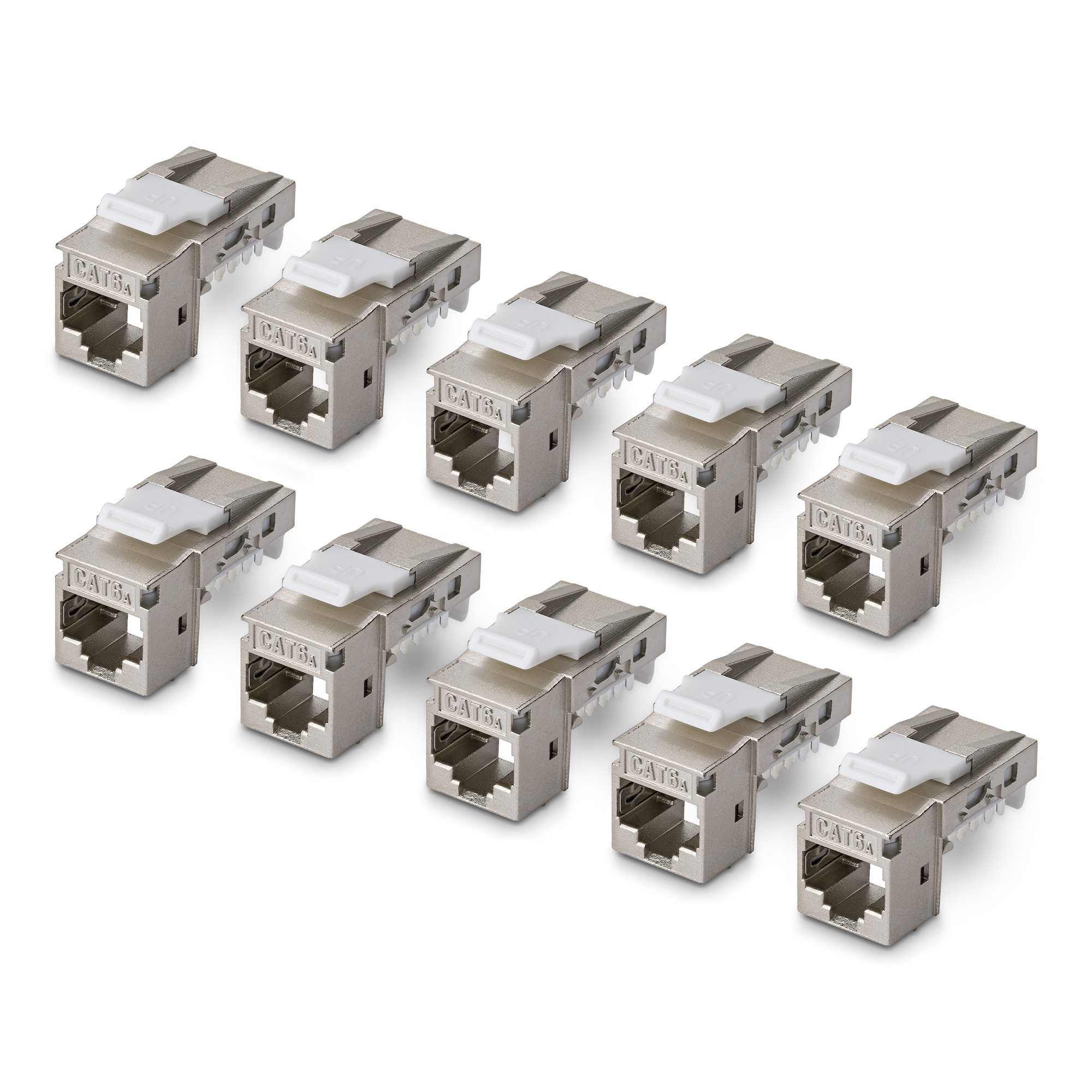 StarTech.com Shielded Cat6a Keystone Jack, 10-Pack RJ45 Ethernet Keystone Jacks, STP Cat6a Wall Jack, 90-Degree Toolless