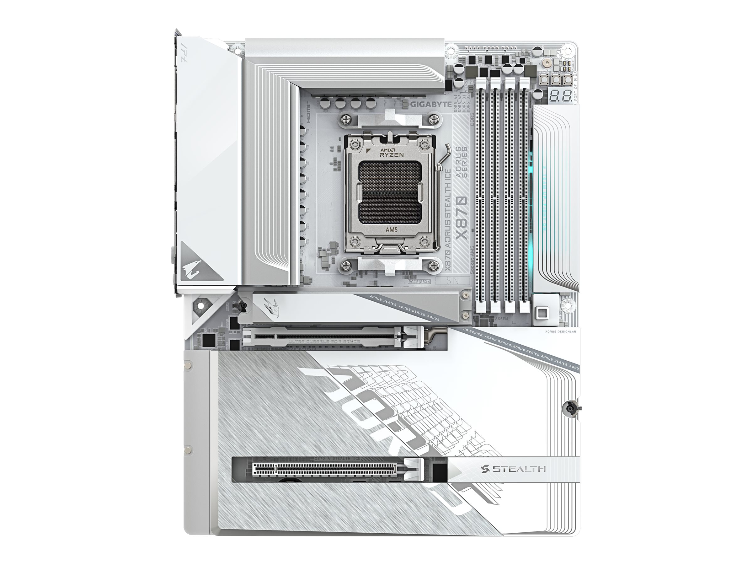 Gigabyte AORUS X870 STEALTH ICE - Motherboard - ATX - Socket AM5 - AMD X870 Chipsatz - USB-C 3.2 Gen 2x2, USB 3.2 Gen 2, USB 3.2 Gen 1 - Wi-Fi 7, Bluetooth, 5 Gigabit Ethernet - Onboard-Grafik (CPU erforderlich)