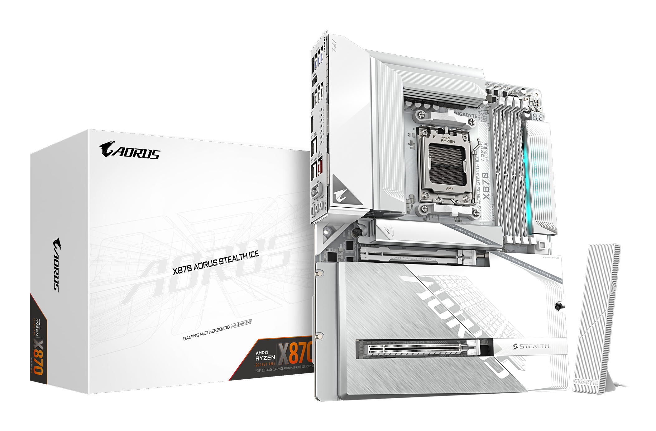 Gigabyte AORUS X870 STEALTH ICE - Motherboard - ATX - Socket AM5 - AMD X870 Chipsatz - USB-C 3.2 Gen 2x2, USB 3.2 Gen 2, USB 3.2 Gen 1 - Wi-Fi 7, Bluetooth, 5 Gigabit Ethernet - Onboard-Grafik (CPU erforderlich)
