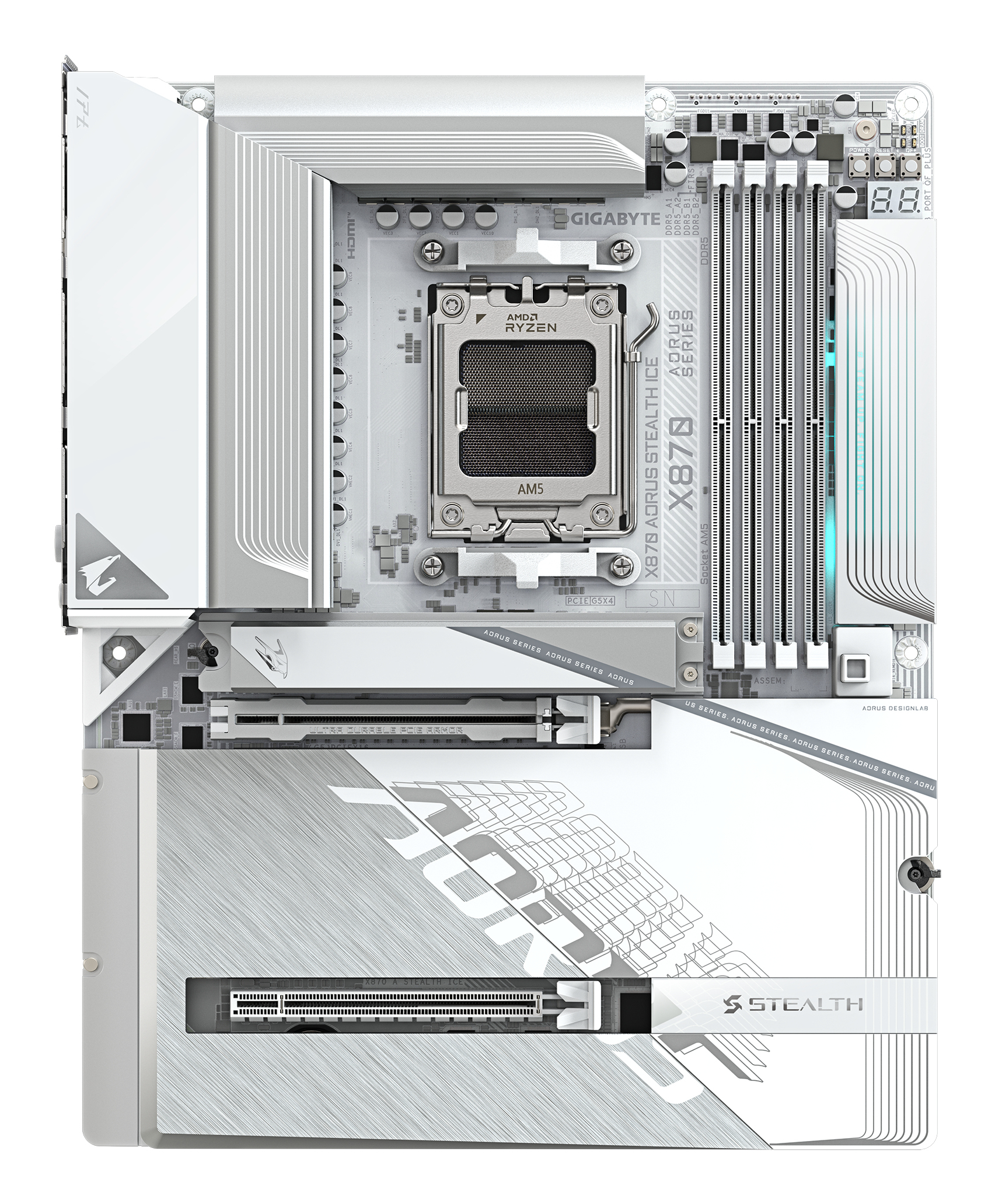 Gigabyte AORUS X870 STEALTH ICE - Motherboard - ATX - Socket AM5 - AMD X870 Chipsatz - USB-C 3.2 Gen 2x2, USB 3.2 Gen 2, USB 3.2 Gen 1 - Wi-Fi 7, Bluetooth, 5 Gigabit Ethernet - Onboard-Grafik (CPU erforderlich)