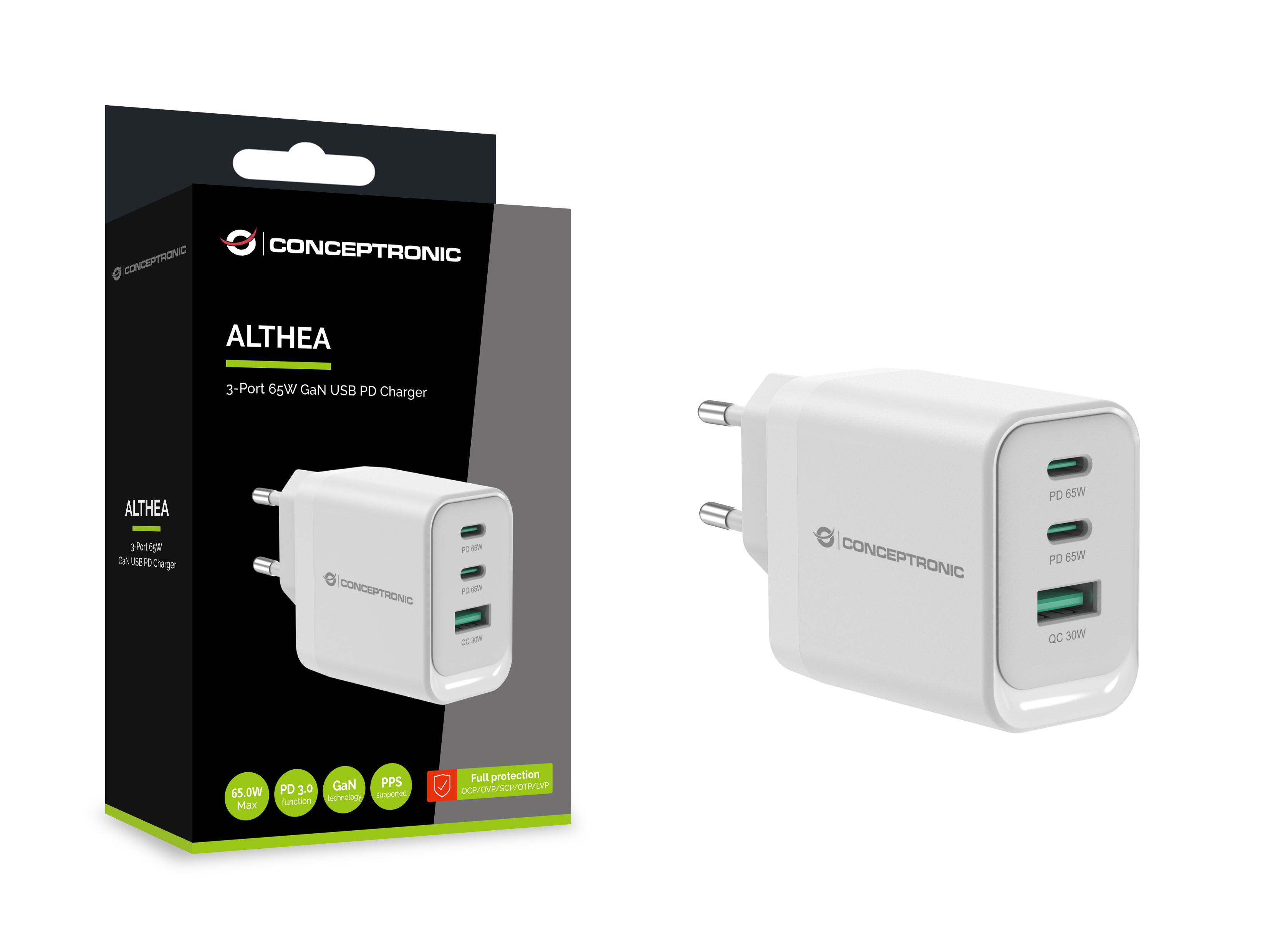 Conceptronic ALTHEA21W65 3-Port 65W GaN USB PD Charger, USB-C x 2, USB-A x 1, QC 3.0, PPS, PD 3.0