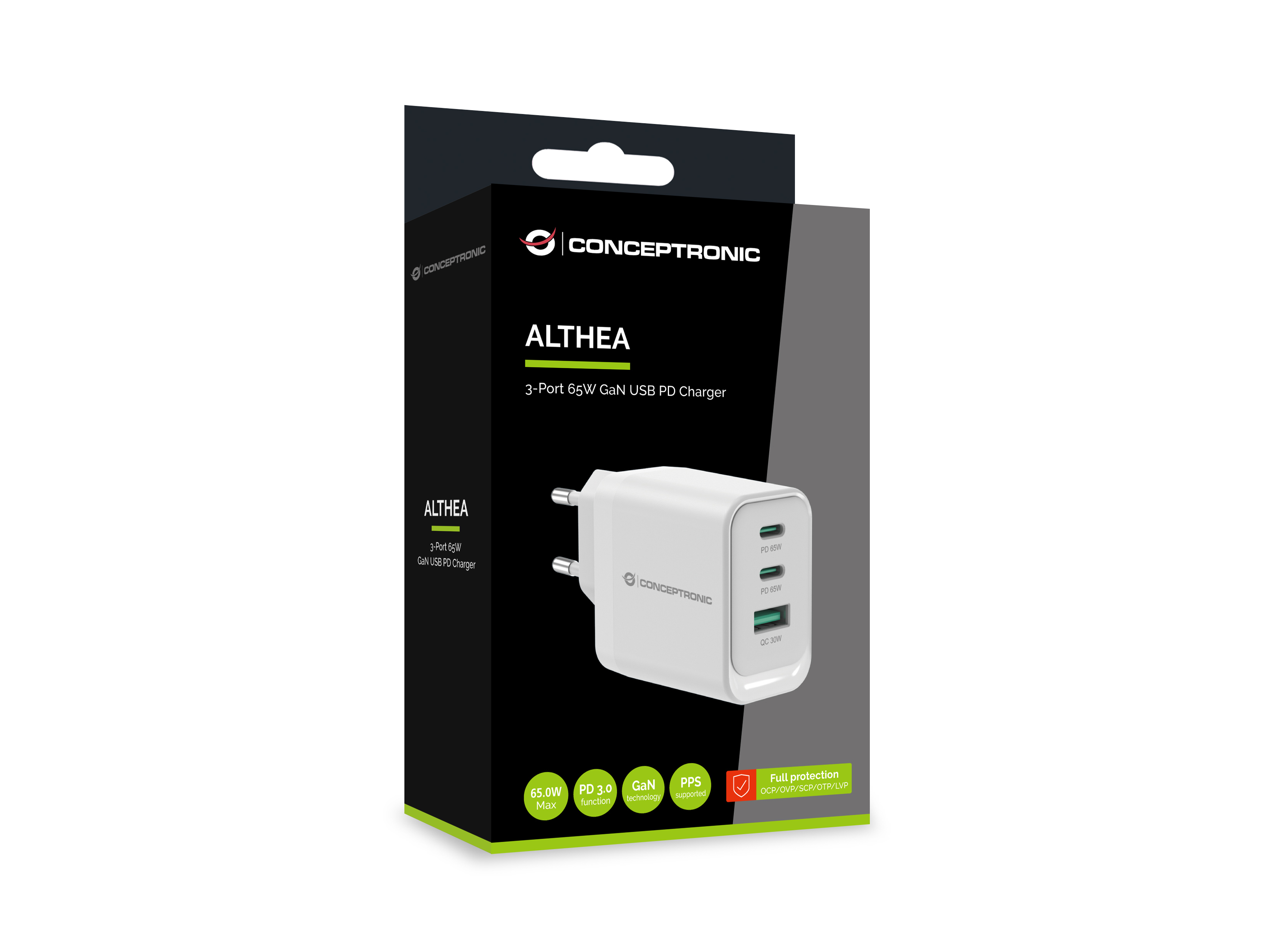 Conceptronic ALTHEA21W65 3-Port 65W GaN USB PD Charger, USB-C x 2, USB-A x 1, QC 3.0, PPS, PD 3.0
