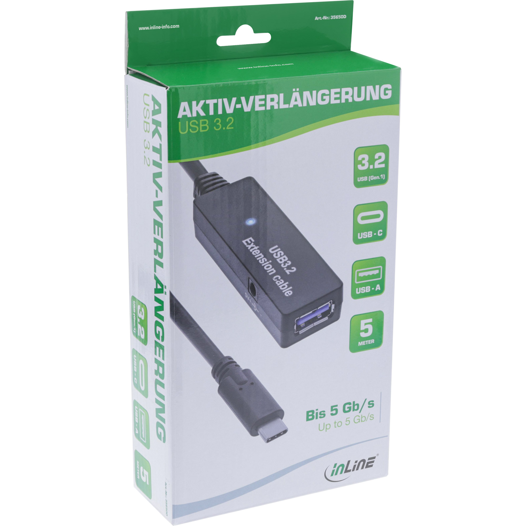 InLine USB 3.2 Gen.1 Aktiv-Verl�ngerung - USB-C Stecker an USB-A Buchse - 5m