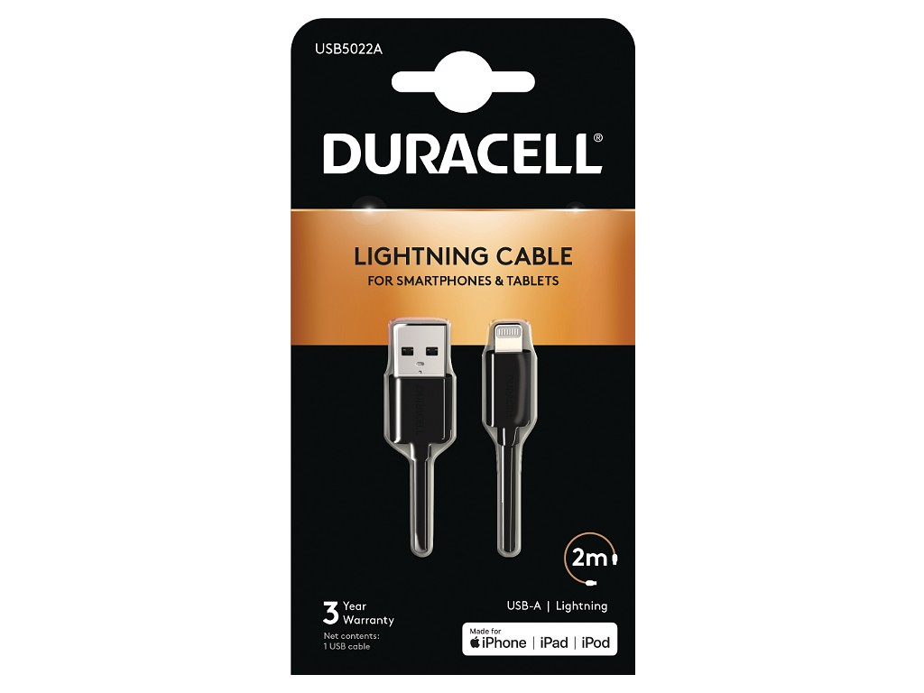 Duracell USB5022A c�ble USB 2.0 2 m USB A Lightning Noir
