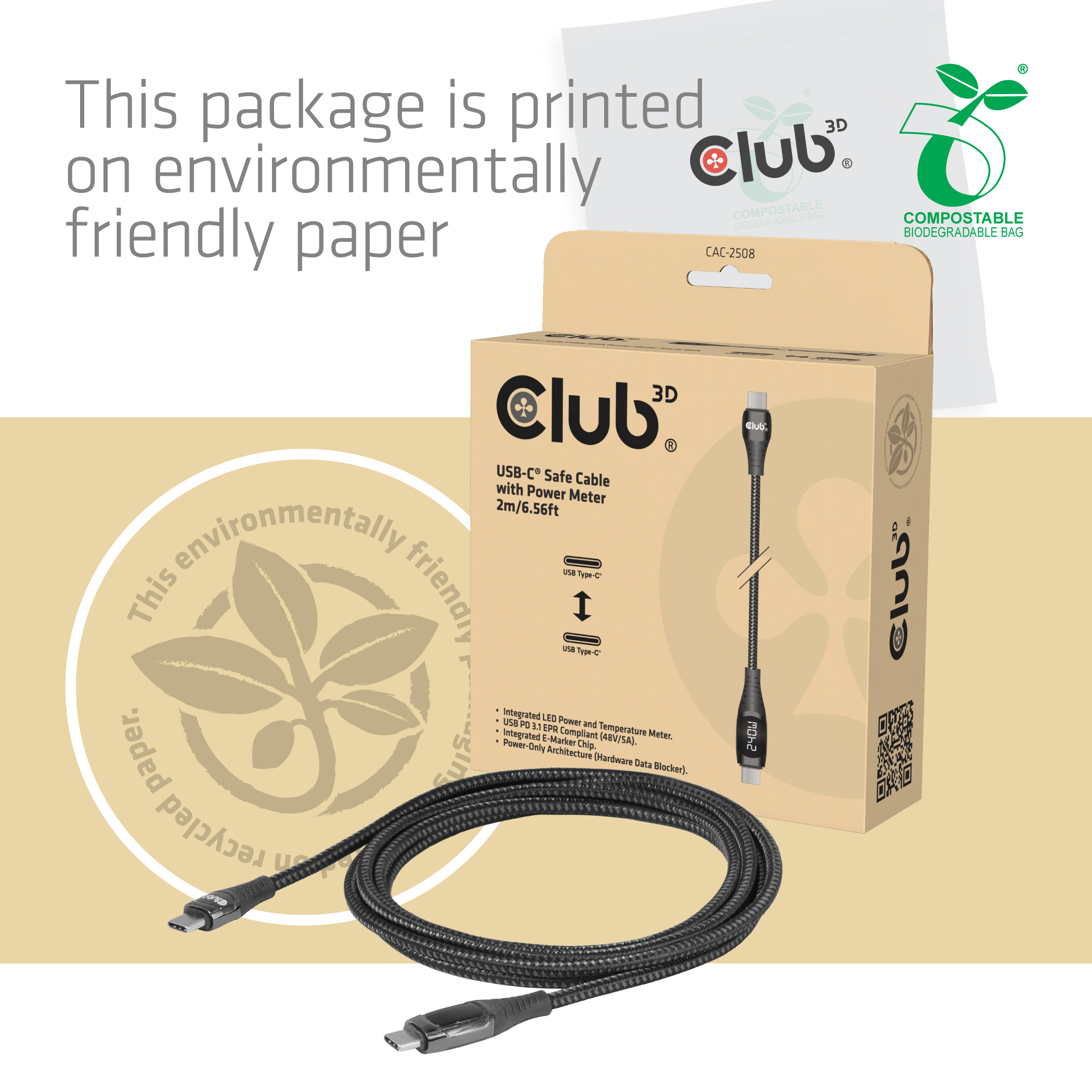 CLUB3D USB-C� Safe Cable with Power Meter 240W No Data 2m/6.56ft