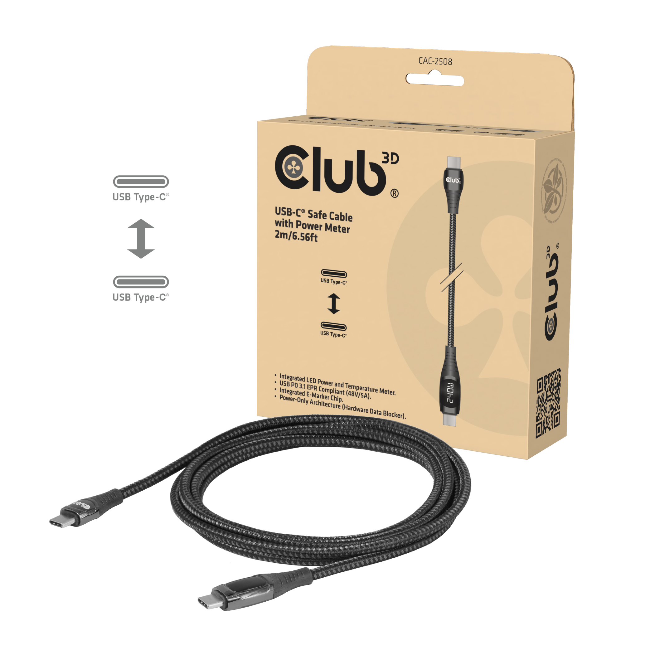 CLUB3D USB-C� Safe Cable with Power Meter 240W No Data 2m/6.56ft