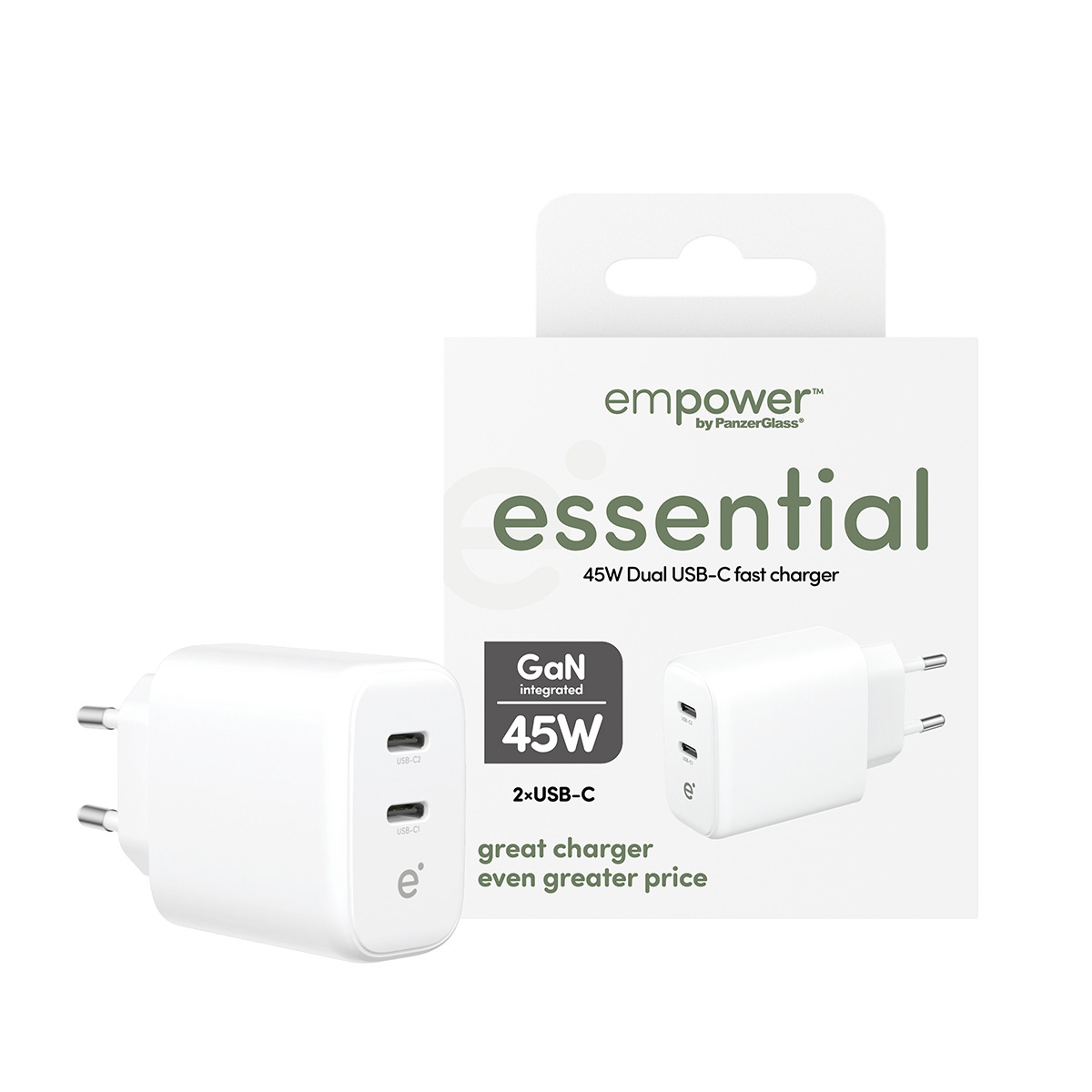 PanzerGlass empower by � essential 45W Charger incl. 2 x USB-C | EU Plug | Silver White Bianco