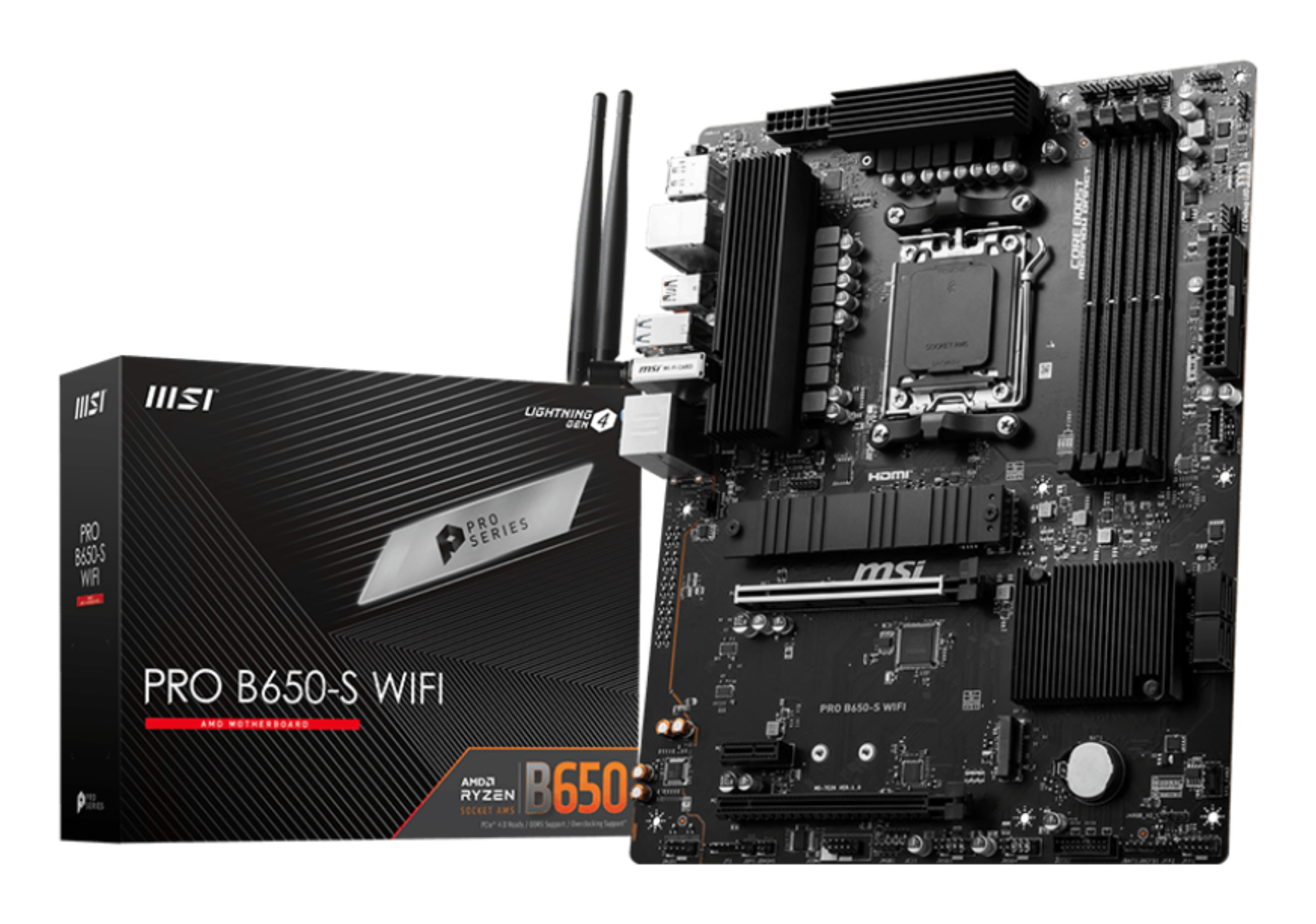 MSI PRO B650-S WIFI - Motherboard - ATX - Socket AM5 - AMD B650 Chipsatz - USB 3.2 Gen 1, USB 3.2 Gen 2, USB-C 3.2 Gen2, USB-C 3.2 Gen 2x2 - 2.5 Gigabit LAN, Wi-Fi 6E, Bluetooth - Onboard-Grafik (CPU erforderlich)