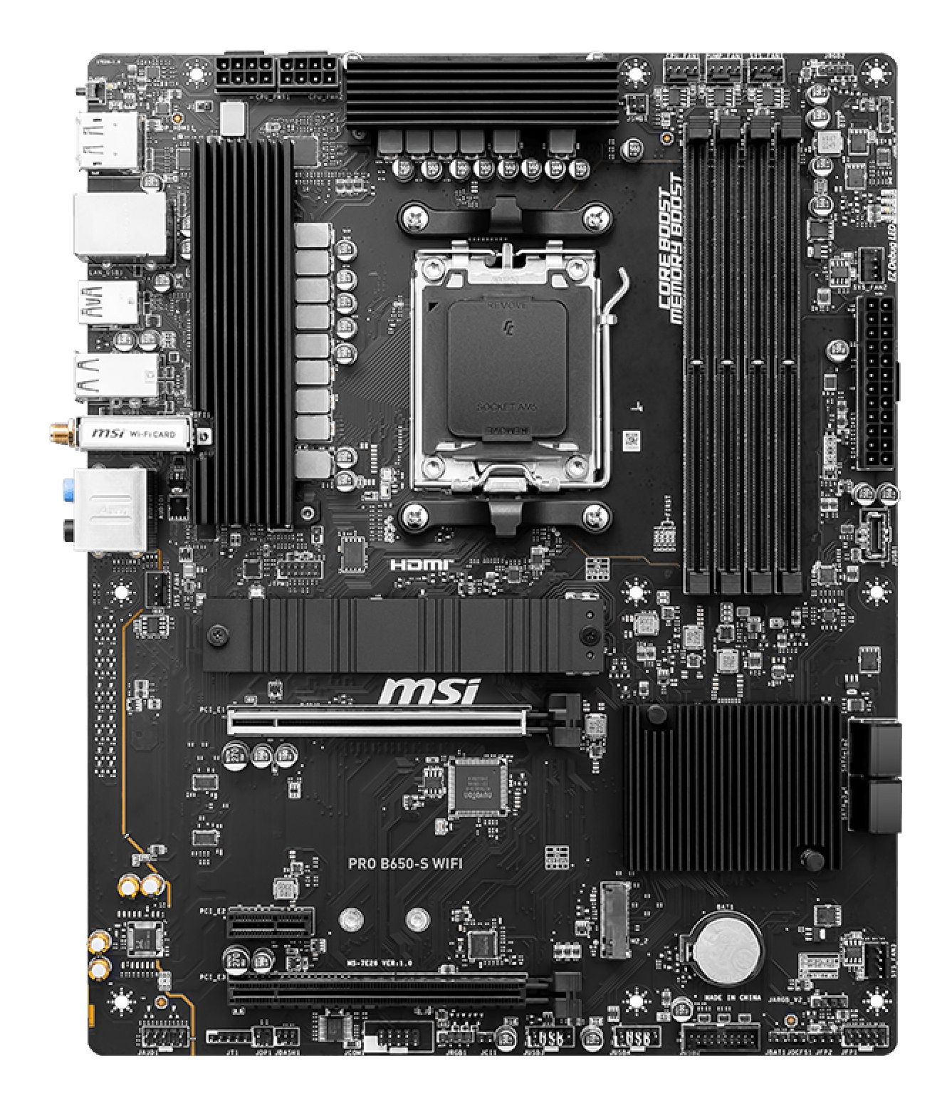MSI PRO B650-S WIFI - Motherboard - ATX - Socket AM5 - AMD B650 Chipsatz - USB 3.2 Gen 1, USB 3.2 Gen 2, USB-C 3.2 Gen2, USB-C 3.2 Gen 2x2 - 2.5 Gigabit LAN, Wi-Fi 6E, Bluetooth - Onboard-Grafik (CPU erforderlich)