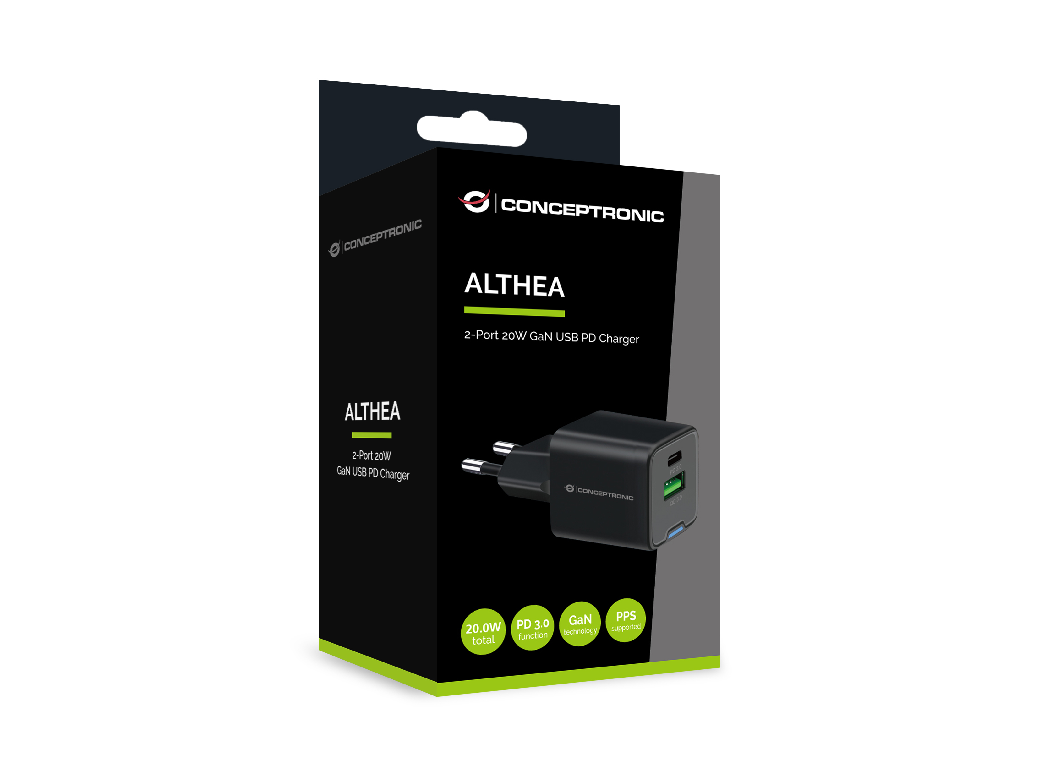 Conceptronic 2-Port 20W GaN USB PD Charger, USB-C x 1, USB-A x 1, QC 3.0, PPS