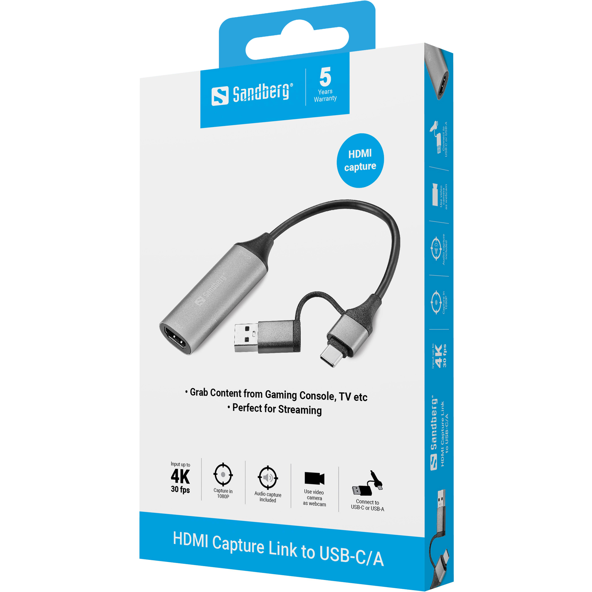 Sandberg 136-70 adaptador de cable de v�deo HDMI tipo A (Est�ndar) USB Type-A + USB Type-C Gris