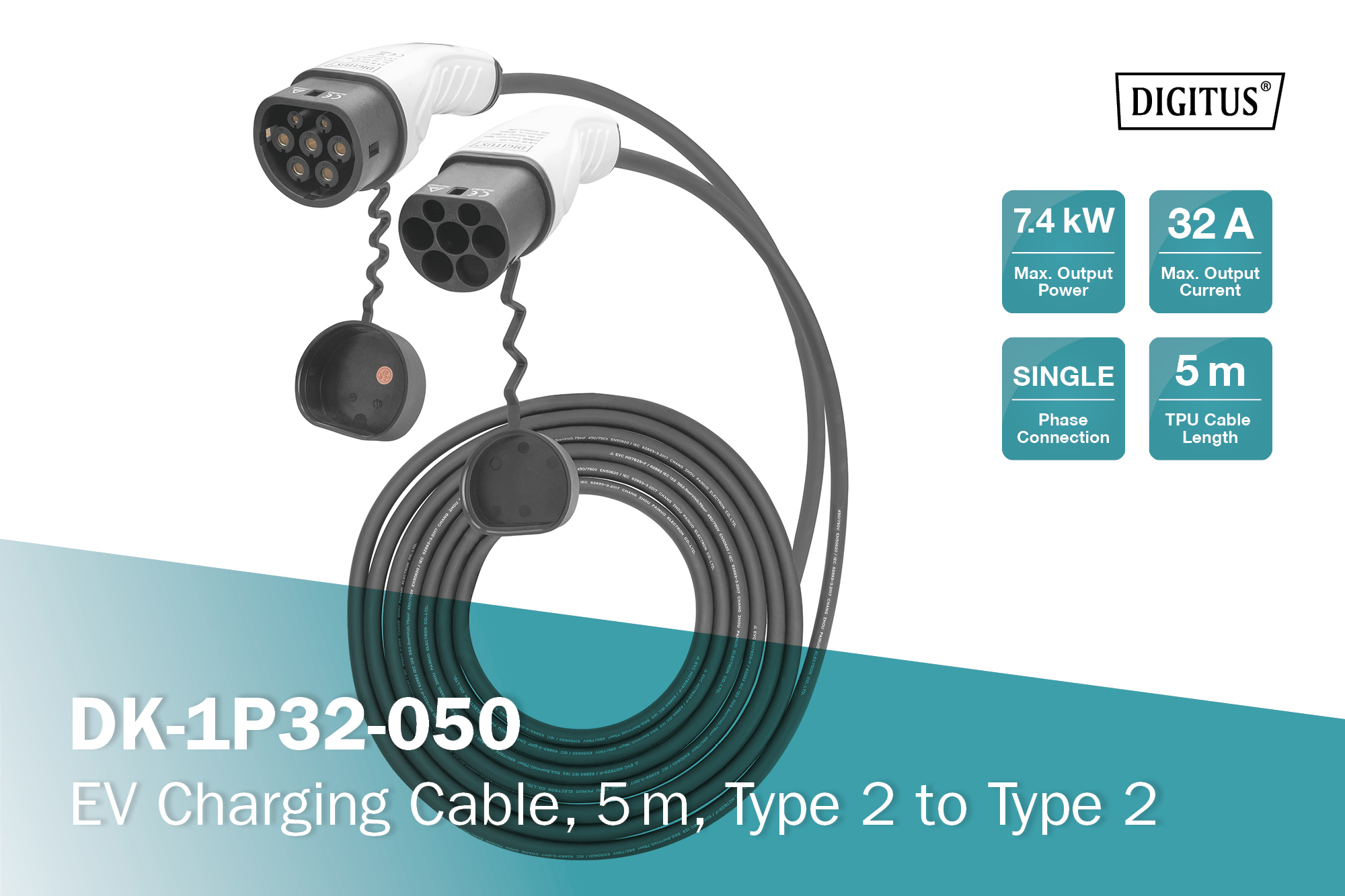 Digitus C�ble de charge pour v�hicules, 5 m, Type 2 vers Type 2