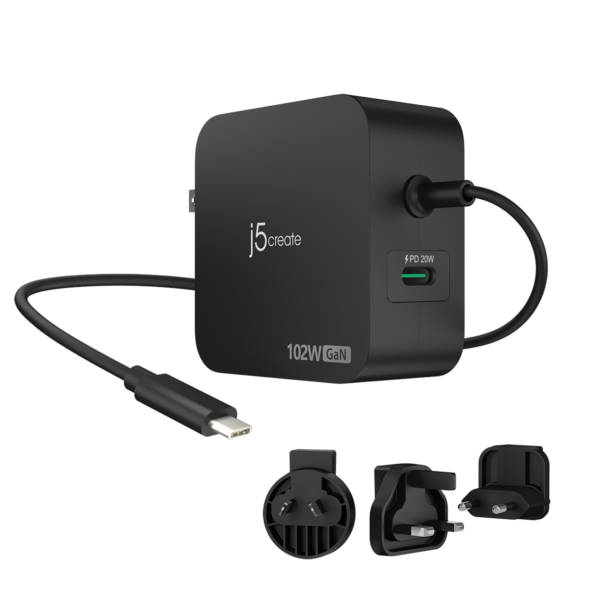 j5create Cargador de 2 puertos USB-C PD de GaN de 102 W con enchufes CA intercambiables