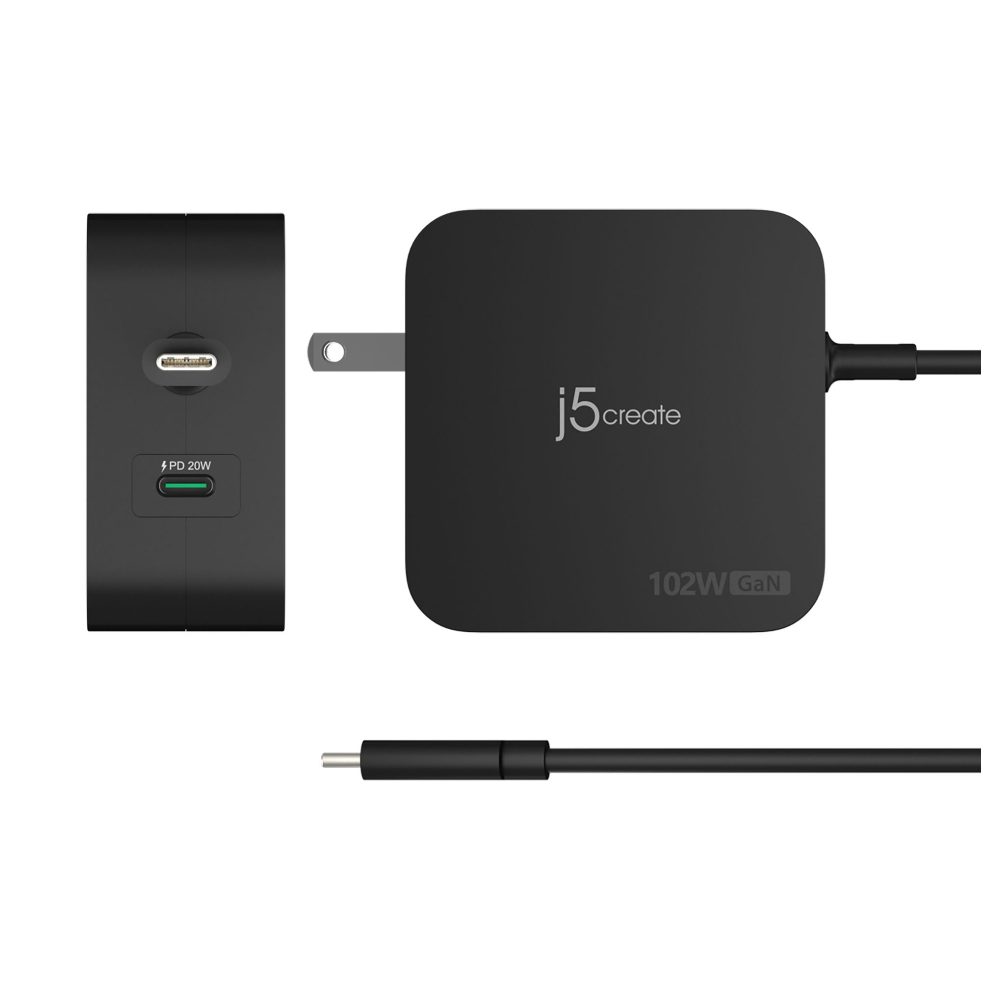 j5create Cargador de 2 puertos USB-C PD de GaN de 102 W con enchufes CA intercambiables