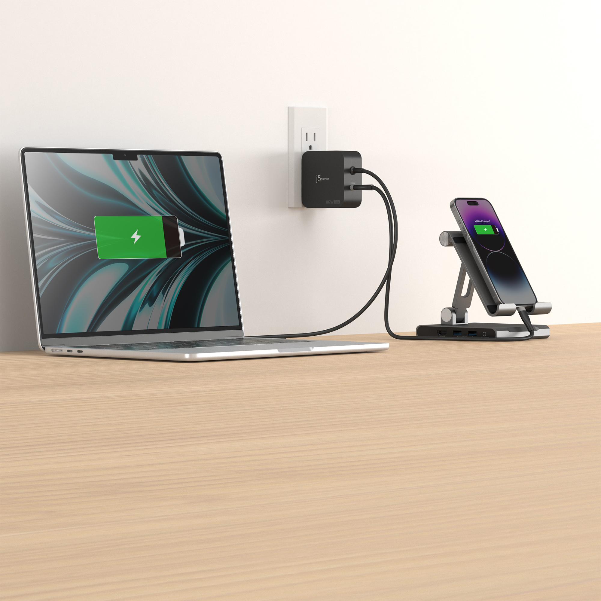j5create Cargador de 2 puertos USB-C PD de GaN de 102 W con enchufes CA intercambiables