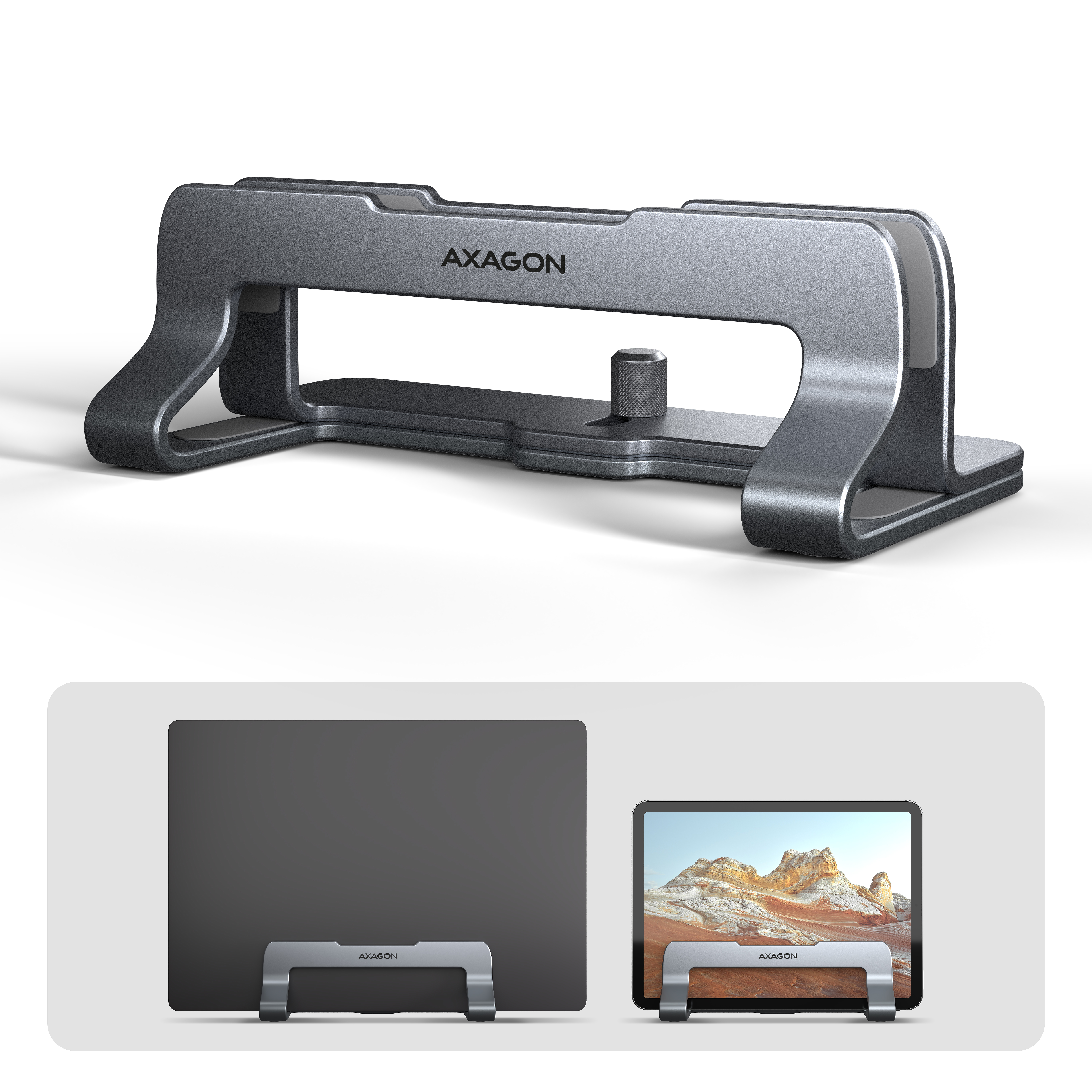 Axagon STND-VG Vertikaler Laptop-St�nder, einstellbare Breite, Aluminium Soporte para ordenador port�til y tableta Gris 43,9 cm (17.3)