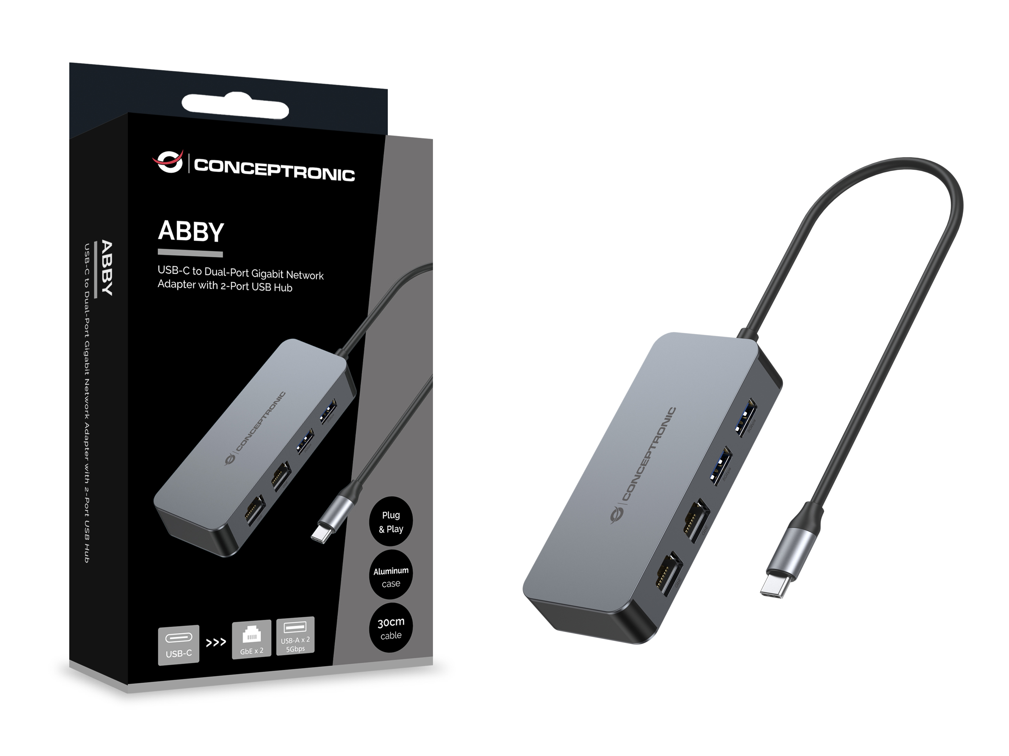Conceptronic Adapter USB-C->2xGbE+2xUSB-A3.2 5Gbs gr - Adapter - Digital/Daten