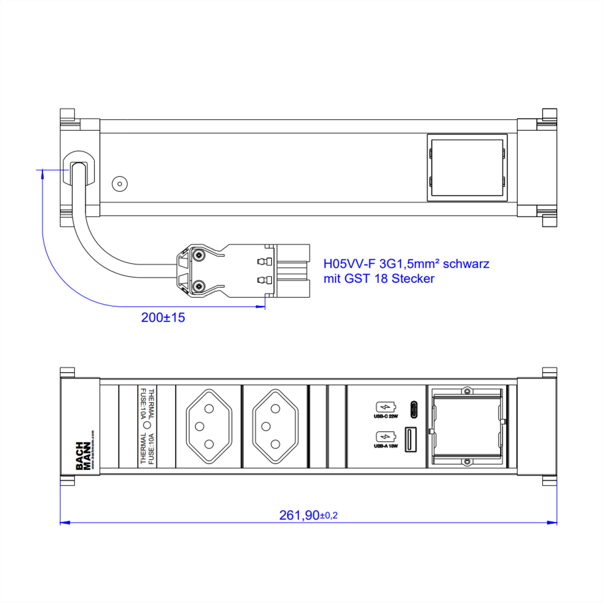 Bachmann POWER FRAME M 2xCH916.5121xUSB A&C 22W 1xCM 0.2m GST18