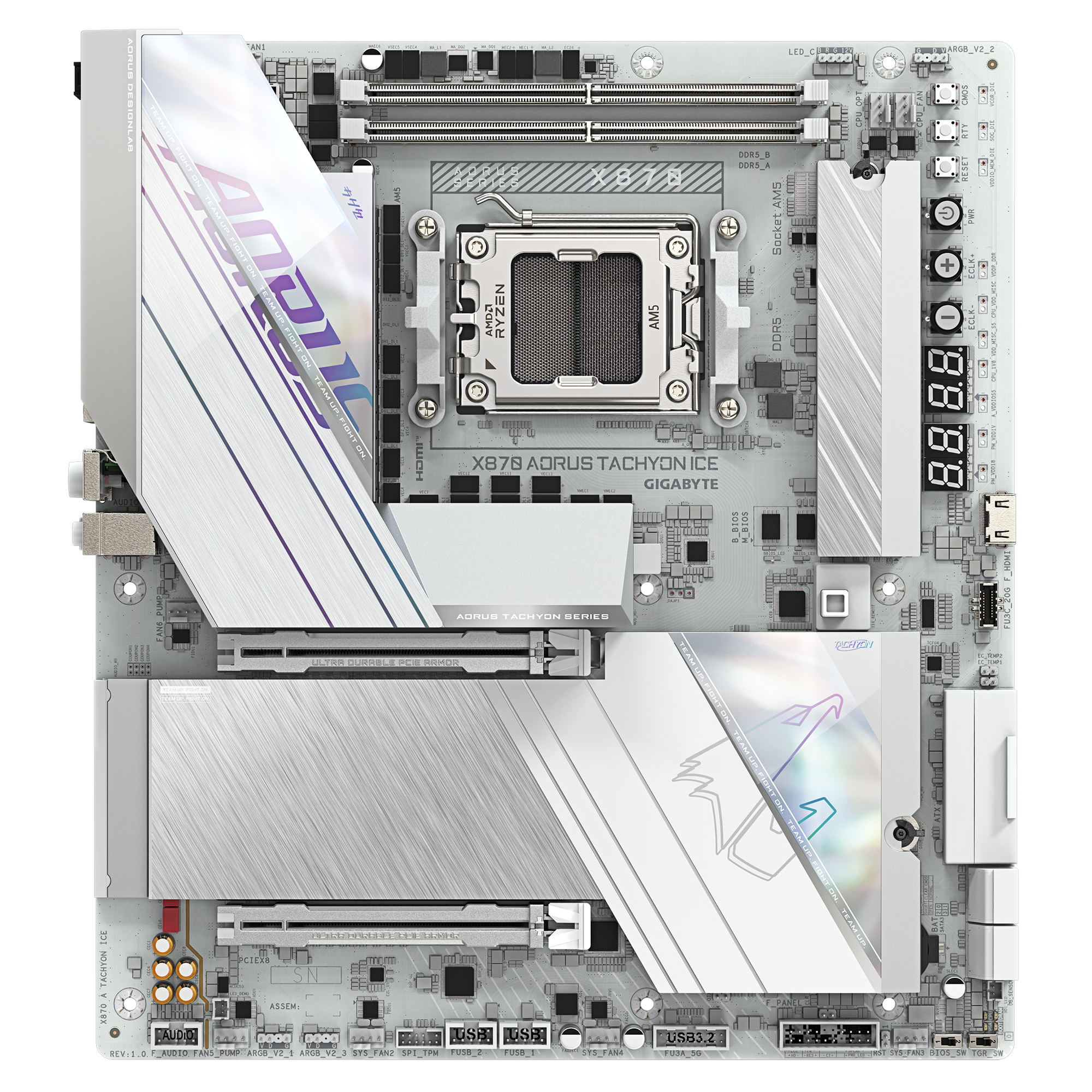 GIGABYTE X870 AORUS TACHYON ICE Motherboard - Supports AMD Ryzen 9000 CPUs, 18+2+2 Phases Digital VRM, up to 9600Hz DDR5 (OC), 1xPCIe 5.0 + 2xPCIe 4.0, Wi-Fi 7, 5 GbE LAN, USB 4
