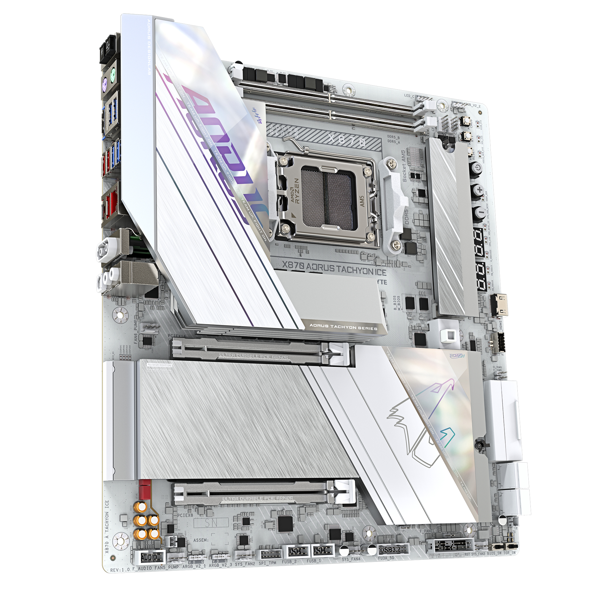 GIGABYTE X870 AORUS TACHYON ICE Motherboard - Supports AMD Ryzen 9000 CPUs, 18+2+2 Phases Digital VRM, up to 9600Hz DDR5 (OC), 1xPCIe 5.0 + 2xPCIe 4.0, Wi-Fi 7, 5 GbE LAN, USB 4