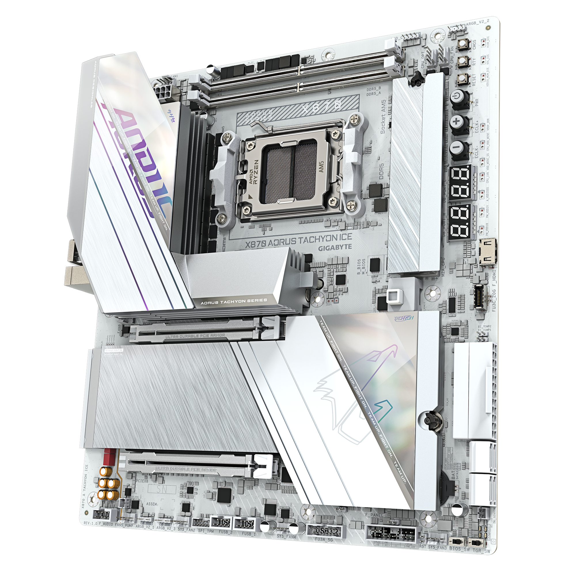 GIGABYTE X870 AORUS TACHYON ICE Motherboard - Supports AMD Ryzen 9000 CPUs, 18+2+2 Phases Digital VRM, up to 9600Hz DDR5 (OC), 1xPCIe 5.0 + 2xPCIe 4.0, Wi-Fi 7, 5 GbE LAN, USB 4