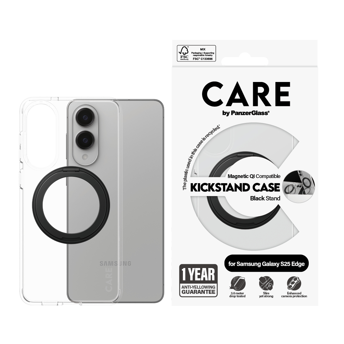 PanzerGlass CARE by � Feature Case Transparent w. Black Kickstand & Qi Compatible Samsung S25 Edge coque de protection pour t�l�phones portables Housse