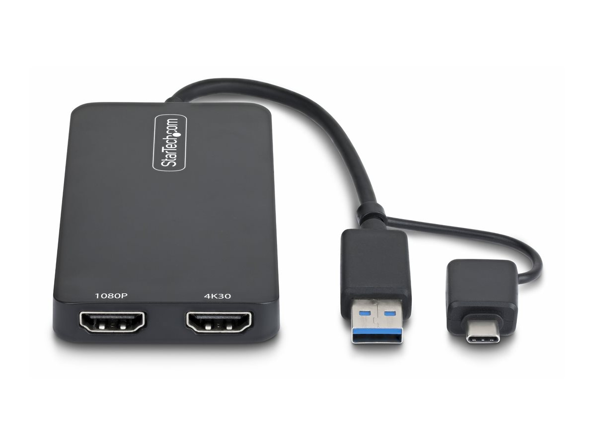 StarTech.com Adaptateur USB vers Double HDMI, USB A/C vers 2 �crans HDMI (1x 4K30Hz, 1x 1080p), C�ble de 11 cm, Adaptateur USB 3.0 vers �cran HDMI, Windows/macOS, Noir