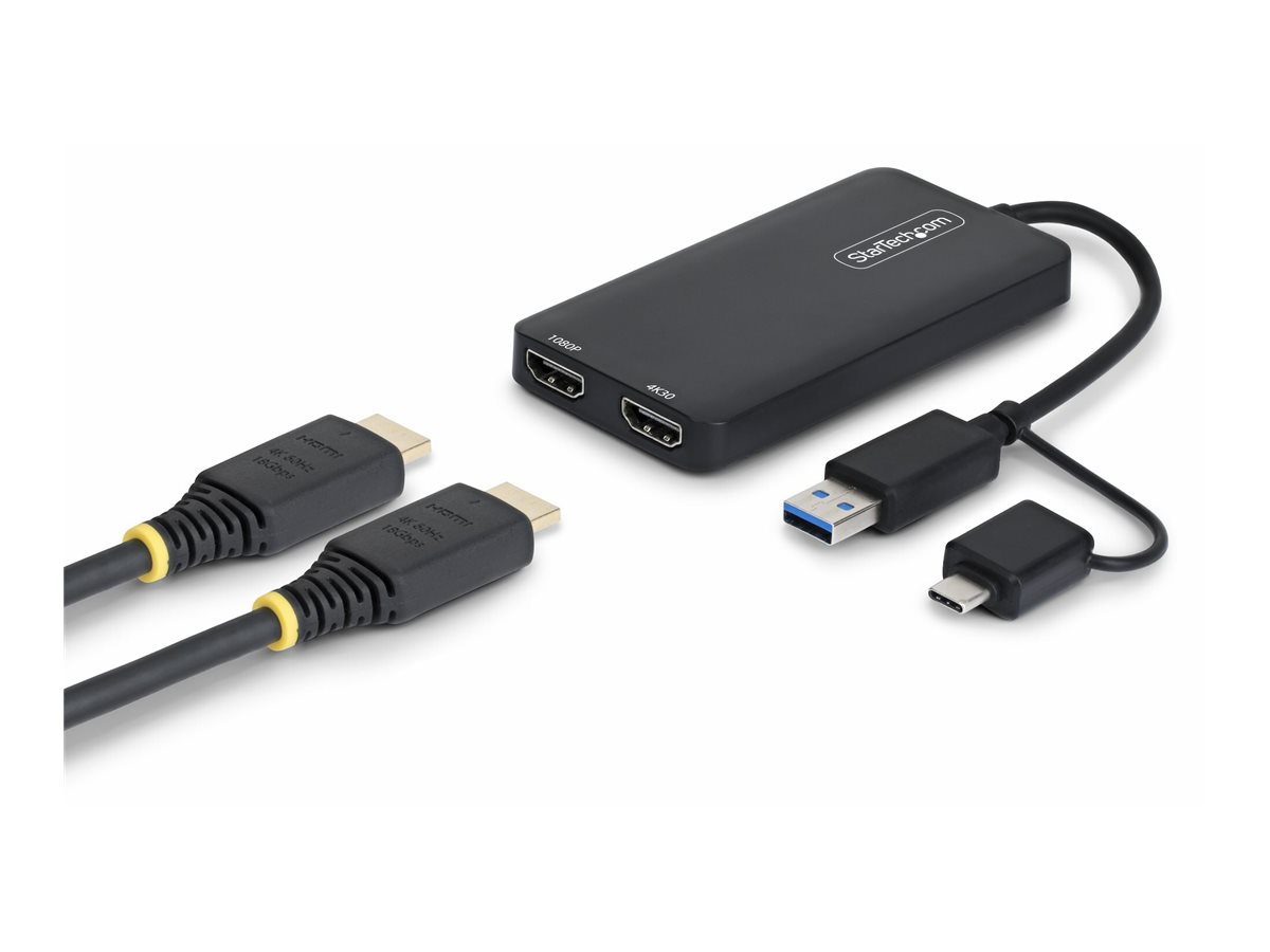 StarTech.com Adattatore USB a doppio HDMI, USB A/C a 2 display HDMI (1x 4K30Hz, 1x 1080p), cavo da 11 cm, adattatore da USB 3.0 a HDMI, Windows/macOS, Nero