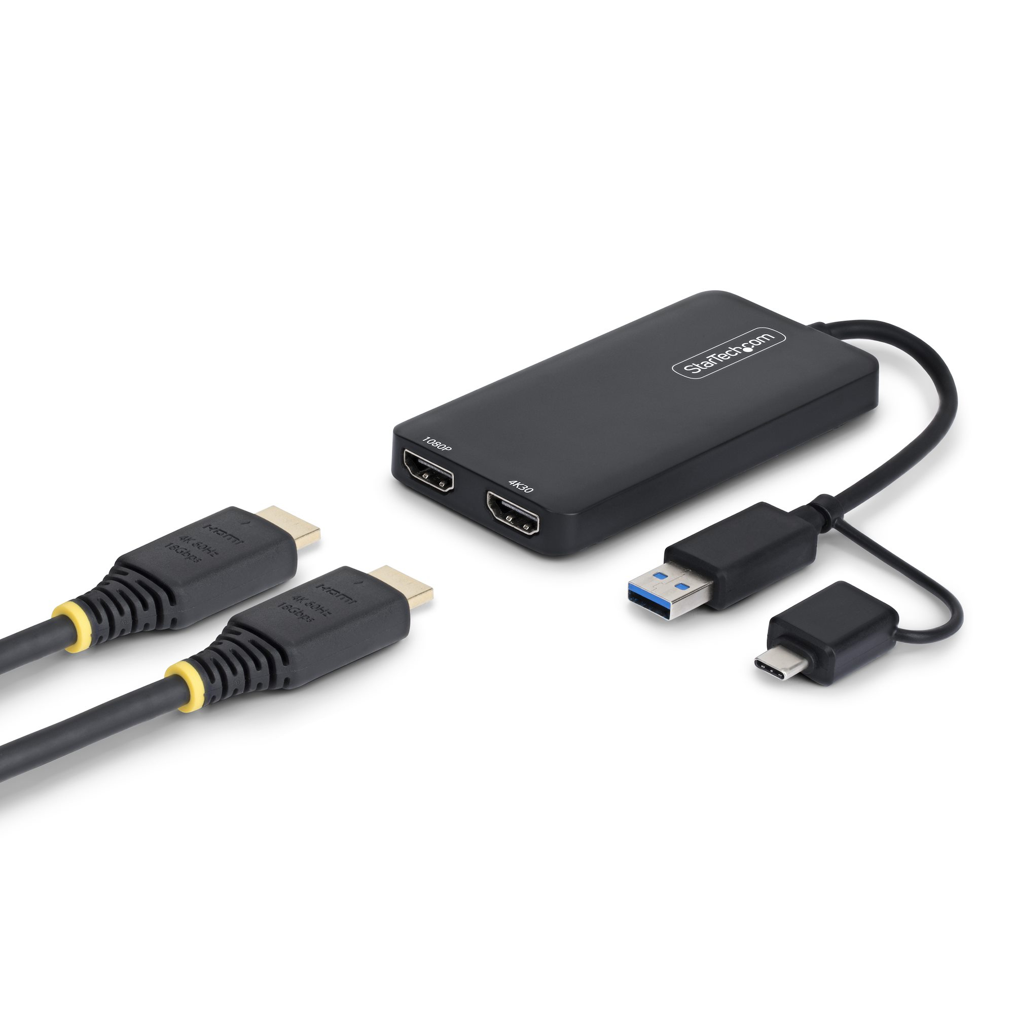 StarTech.com Adattatore USB a doppio HDMI, USB A/C a 2 display HDMI (1x 4K30Hz, 1x 1080p), cavo da 11 cm, adattatore da USB 3.0 a HDMI, Windows/macOS, Nero