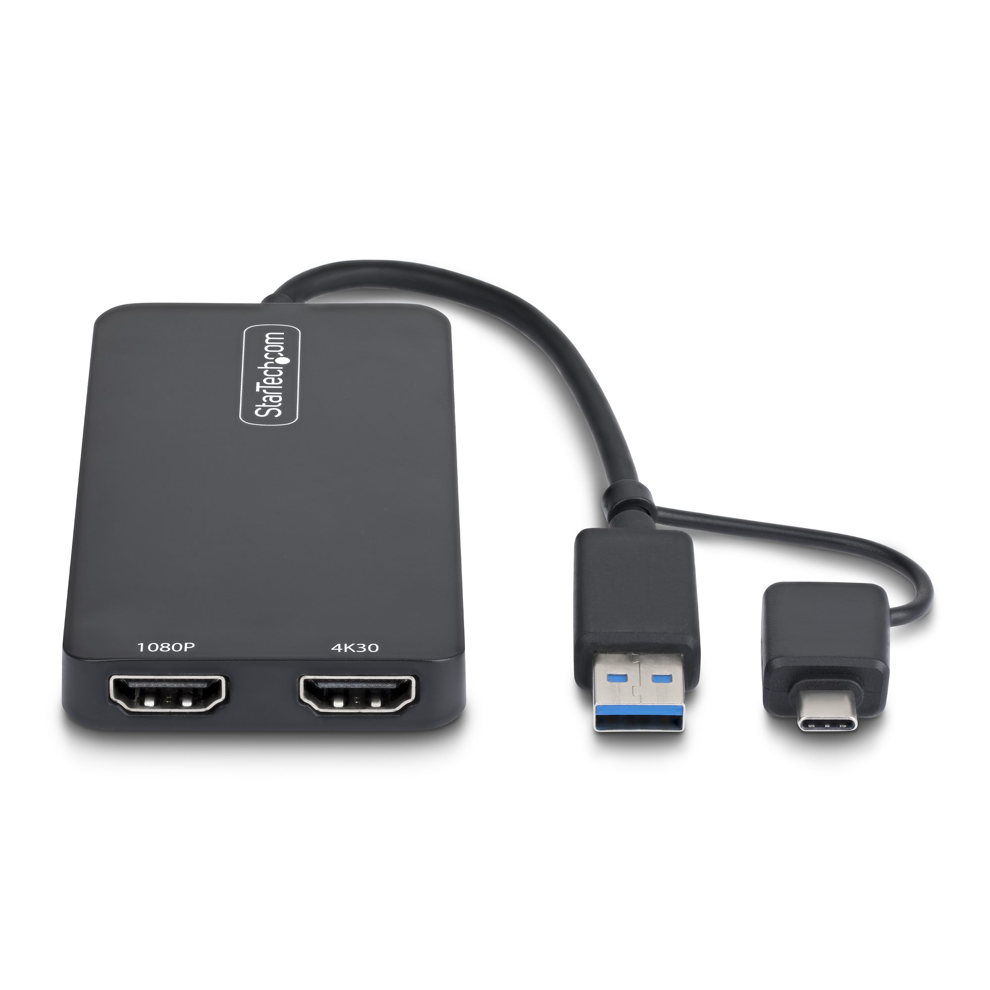 StarTech.com Adattatore USB a doppio HDMI, USB A/C a 2 display HDMI (1x 4K30Hz, 1x 1080p), cavo da 11 cm, adattatore da USB 3.0 a HDMI, Windows/macOS, Nero